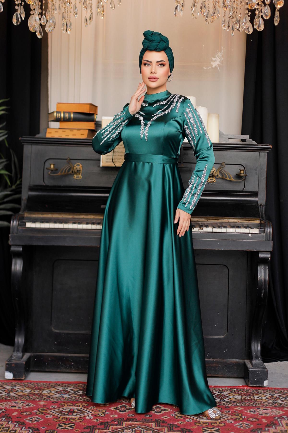 Tesettür Asil Saten Abiye Zümrüt YeşiliLP6032