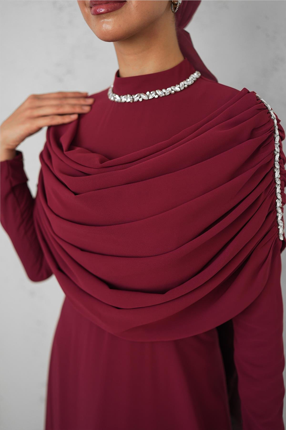Tesettür Ayperi Şifon Abiye BordoLP6296