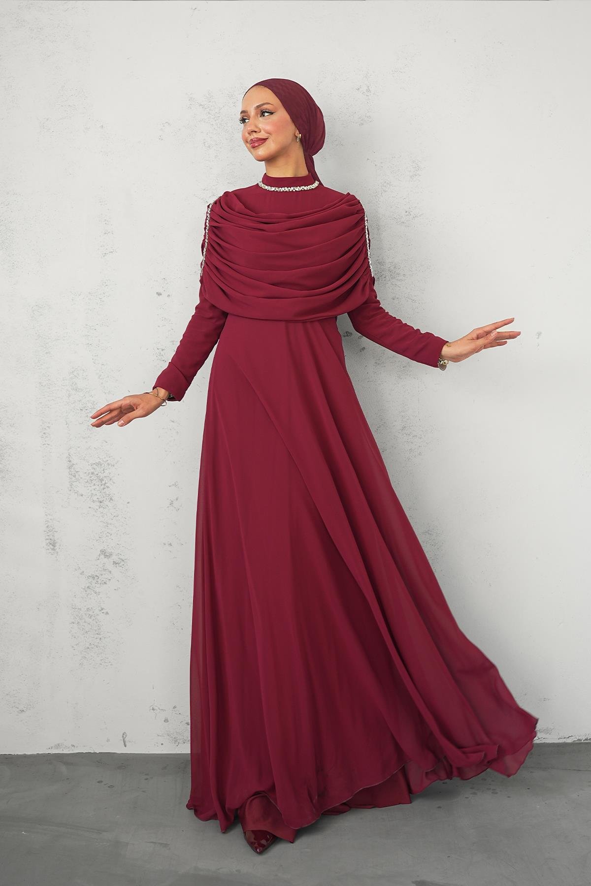 Tesettür Ayperi Şifon Abiye BordoLP6296