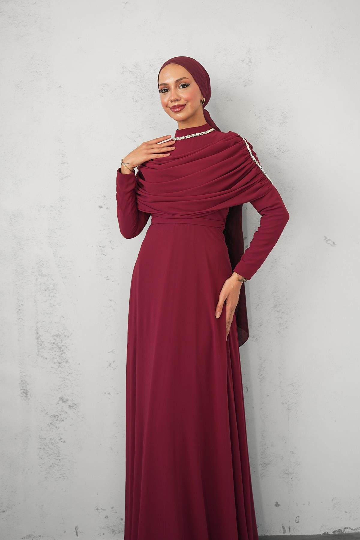 Tesettür Ayperi Şifon Abiye BordoLP6296