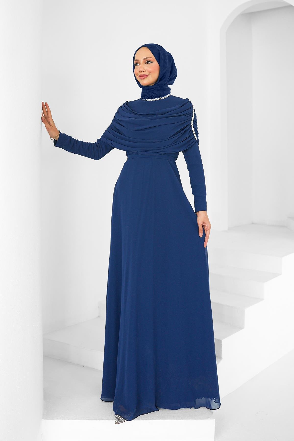 Tesettür Ayperi Şifon Abiye LacivertLP6296