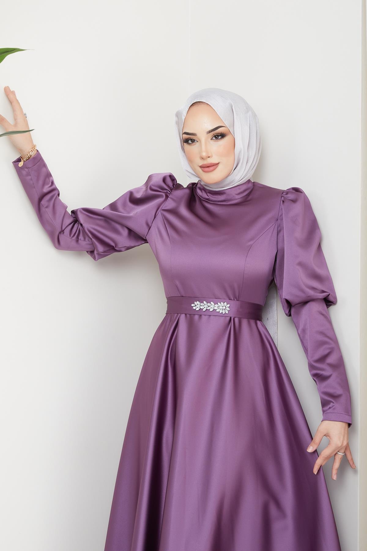 Tesettür Balon Kol Saten Abiye GülHM4182