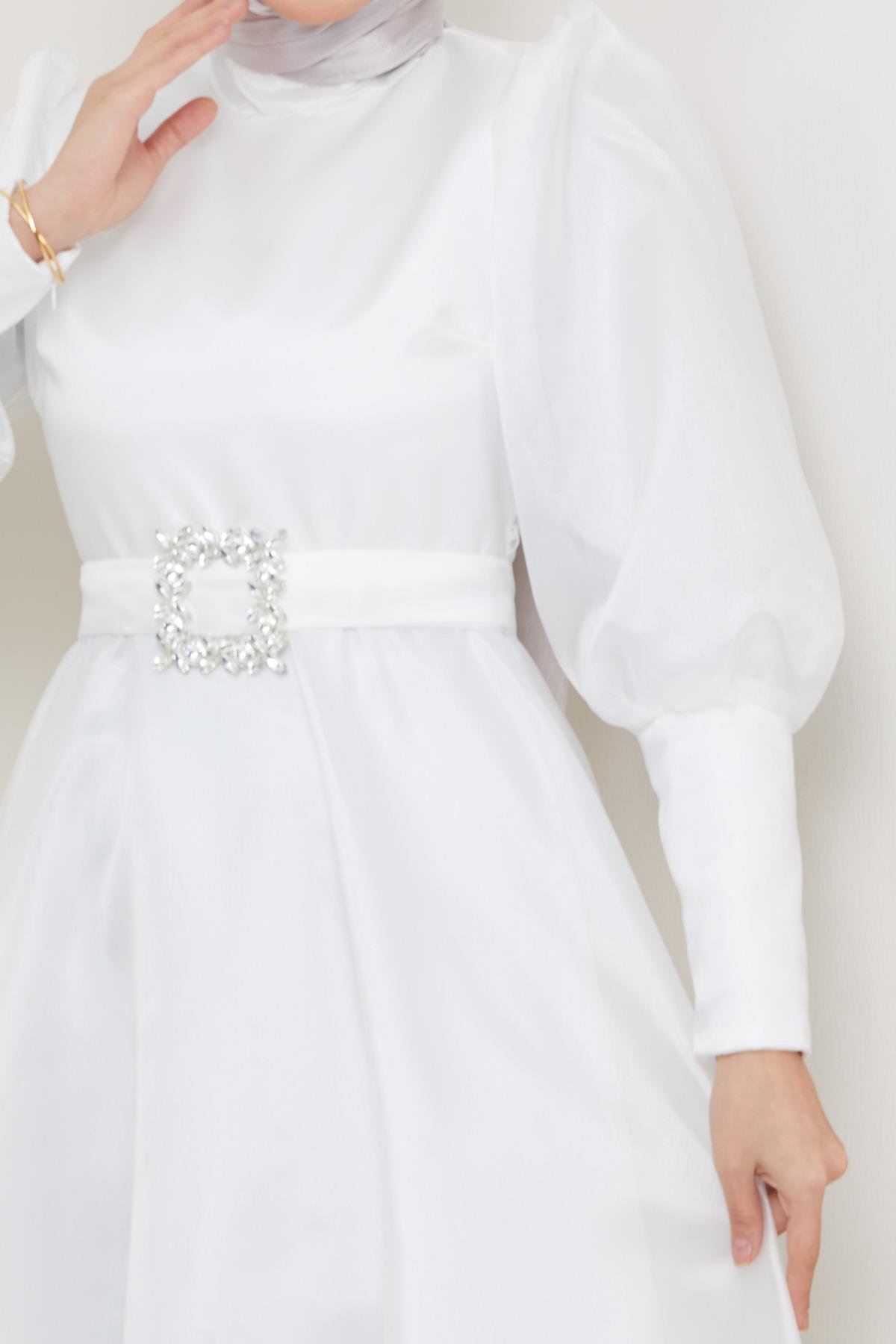 Hijab Balloon Sleeve Organze Evening Evening WhiteHM2003-1