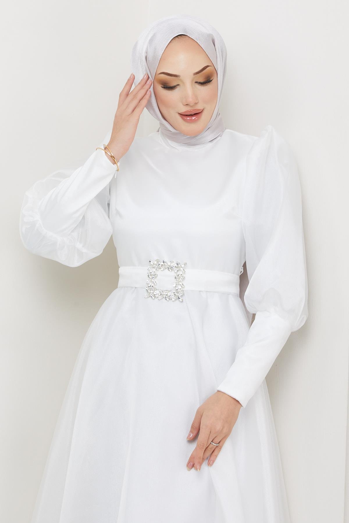 Hijab Balloon Sleeve Organze Evening Evening WhiteHM2003-1
