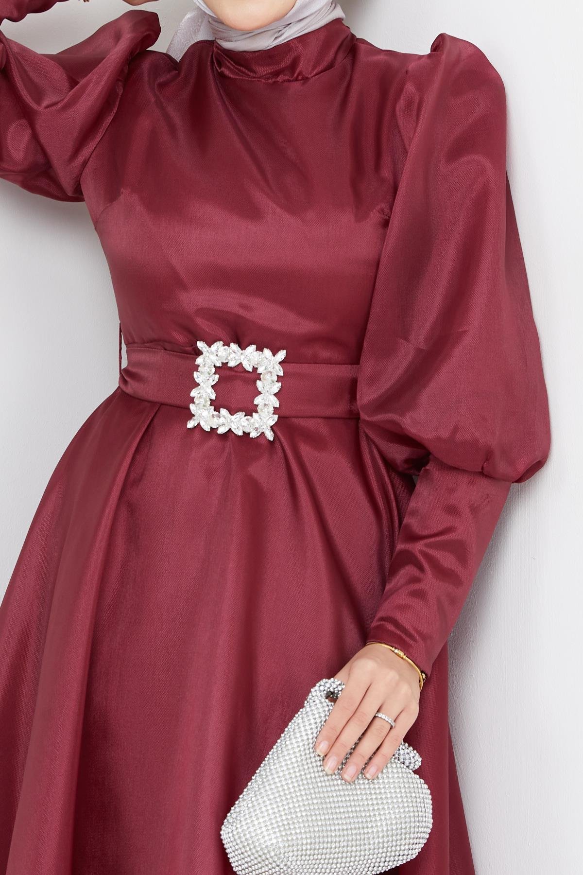 Tesettür Balon Kollu Organze Abiye BordoHM2003-1