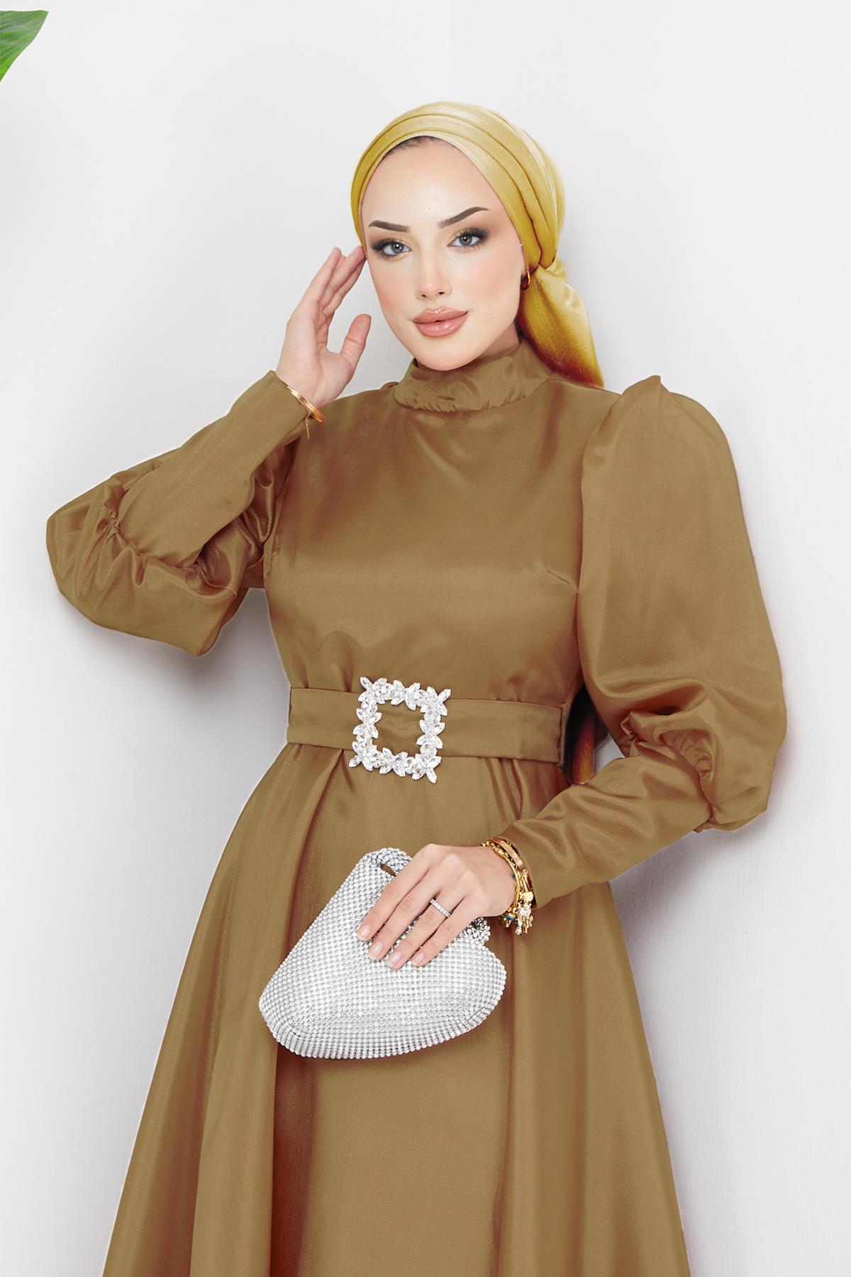 Tesettür Balon Kollu Organze Abiye KahverengiHM2003-1