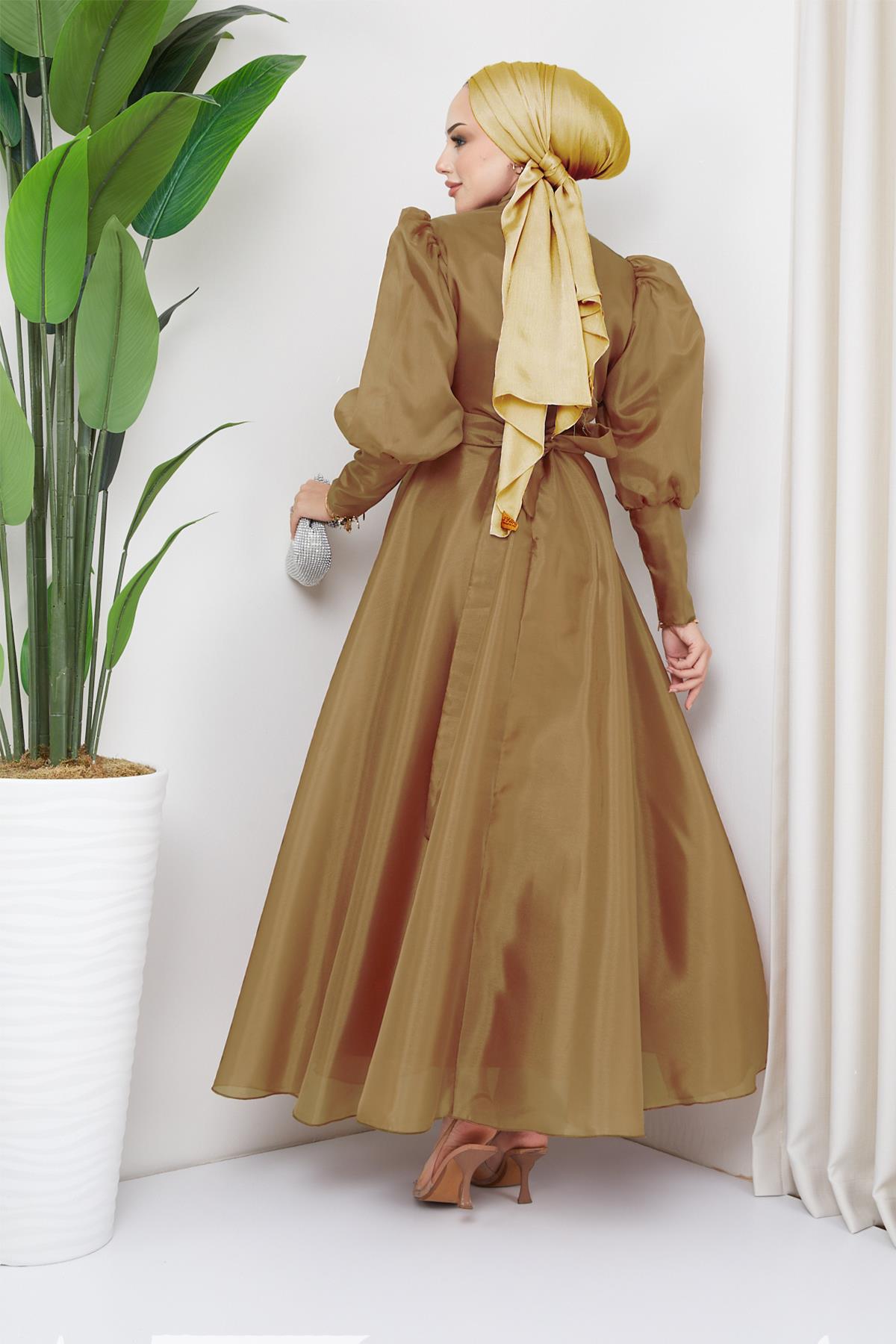 Tesettür Balon Kollu Organze Abiye KahverengiHM2003-1