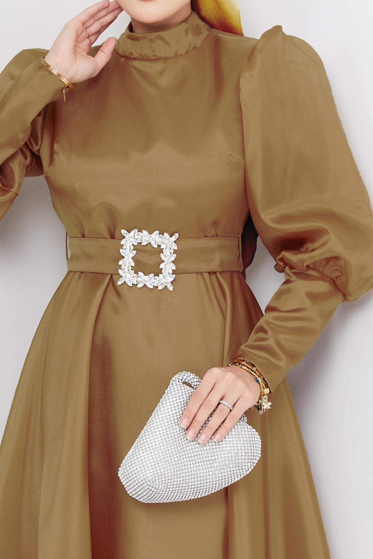 Tesettür Balon Kollu Organze Abiye KahverengiHM2003-1