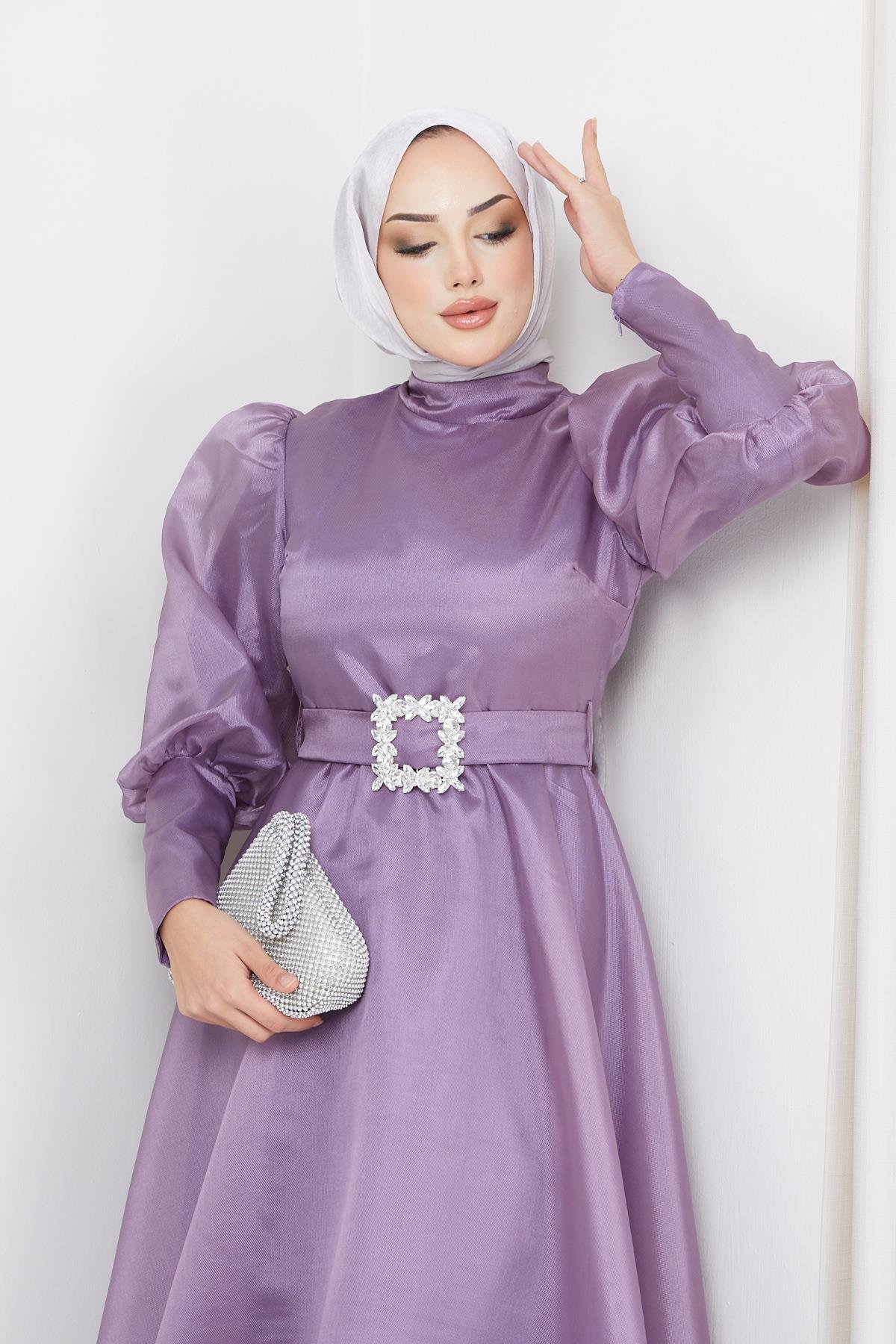 Tesettür Balon Kollu Organze Abiye LilaHM2003-1