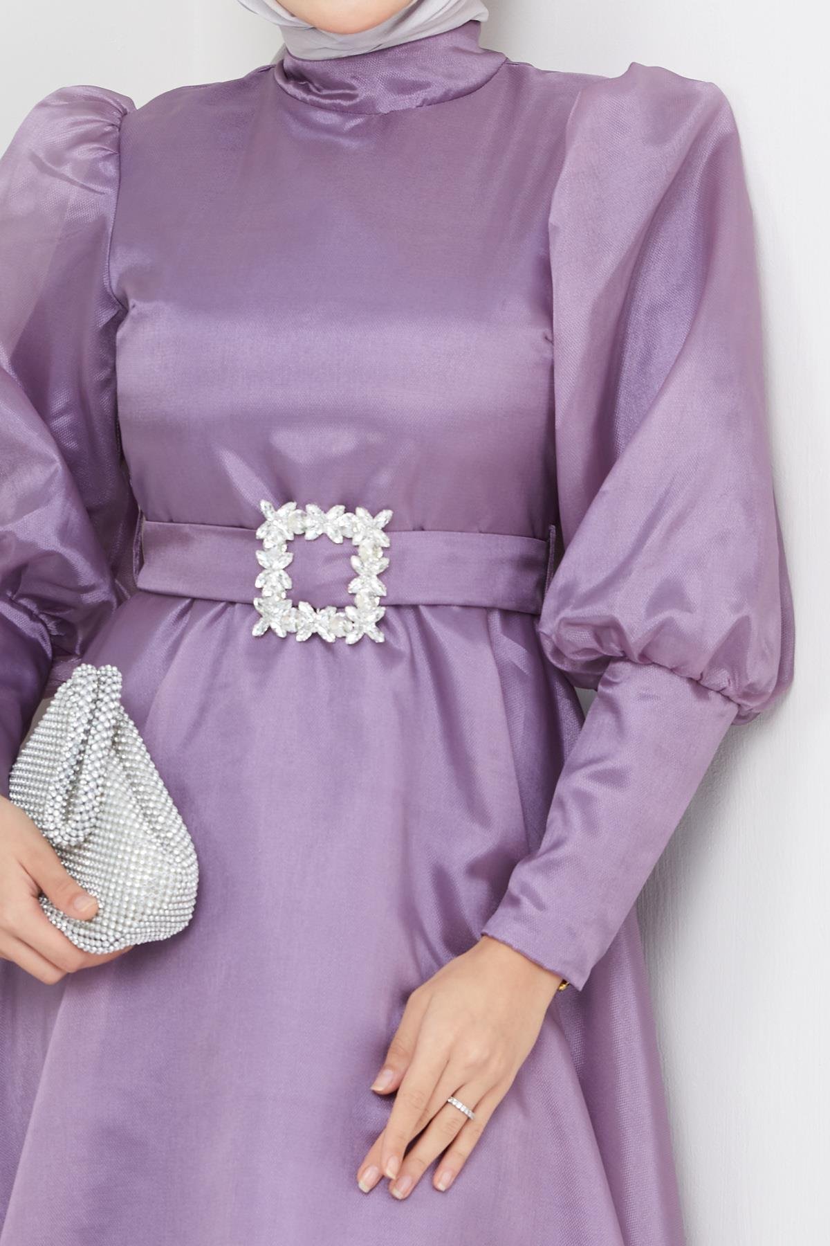 Tesettür Balon Kollu Organze Abiye LilaHM2003-1