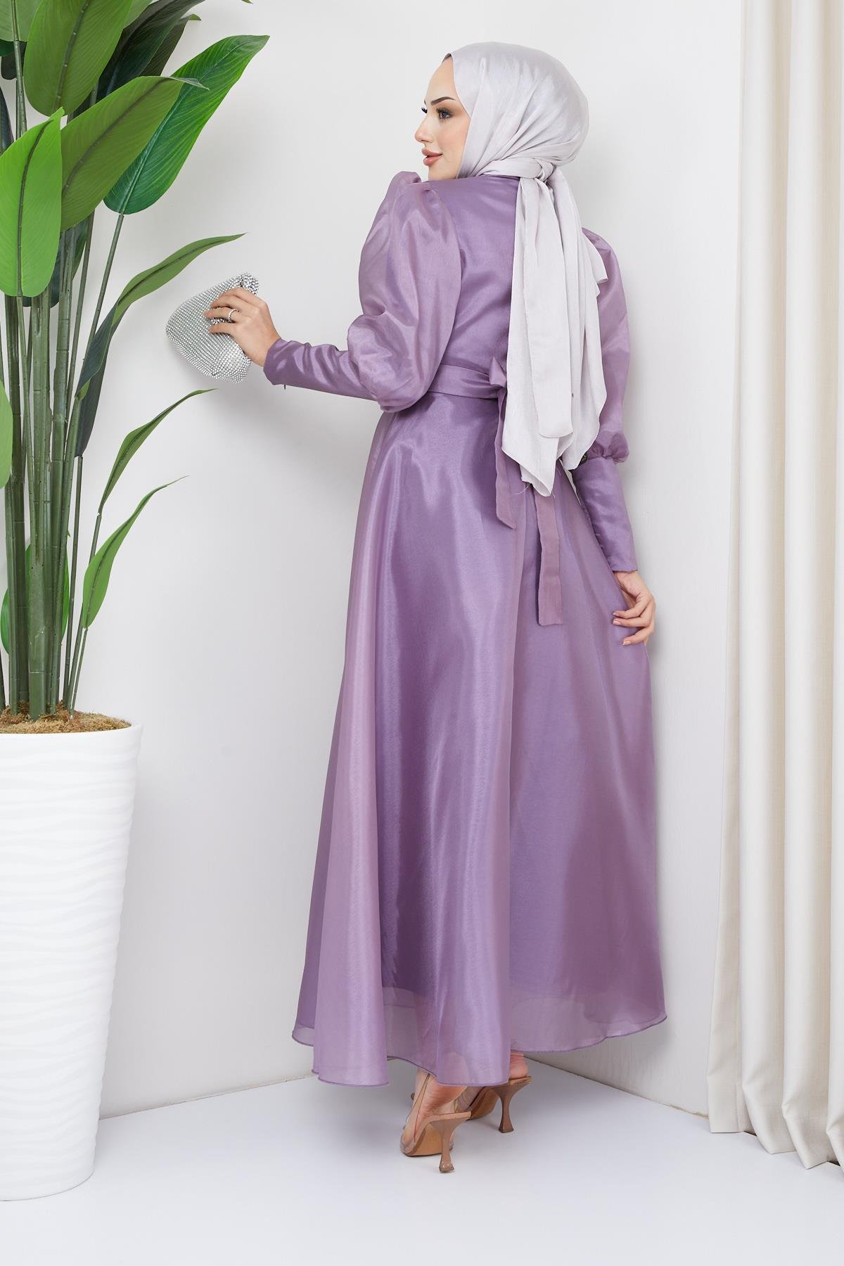 Tesettür Balon Kollu Organze Abiye LilaHM2003-1