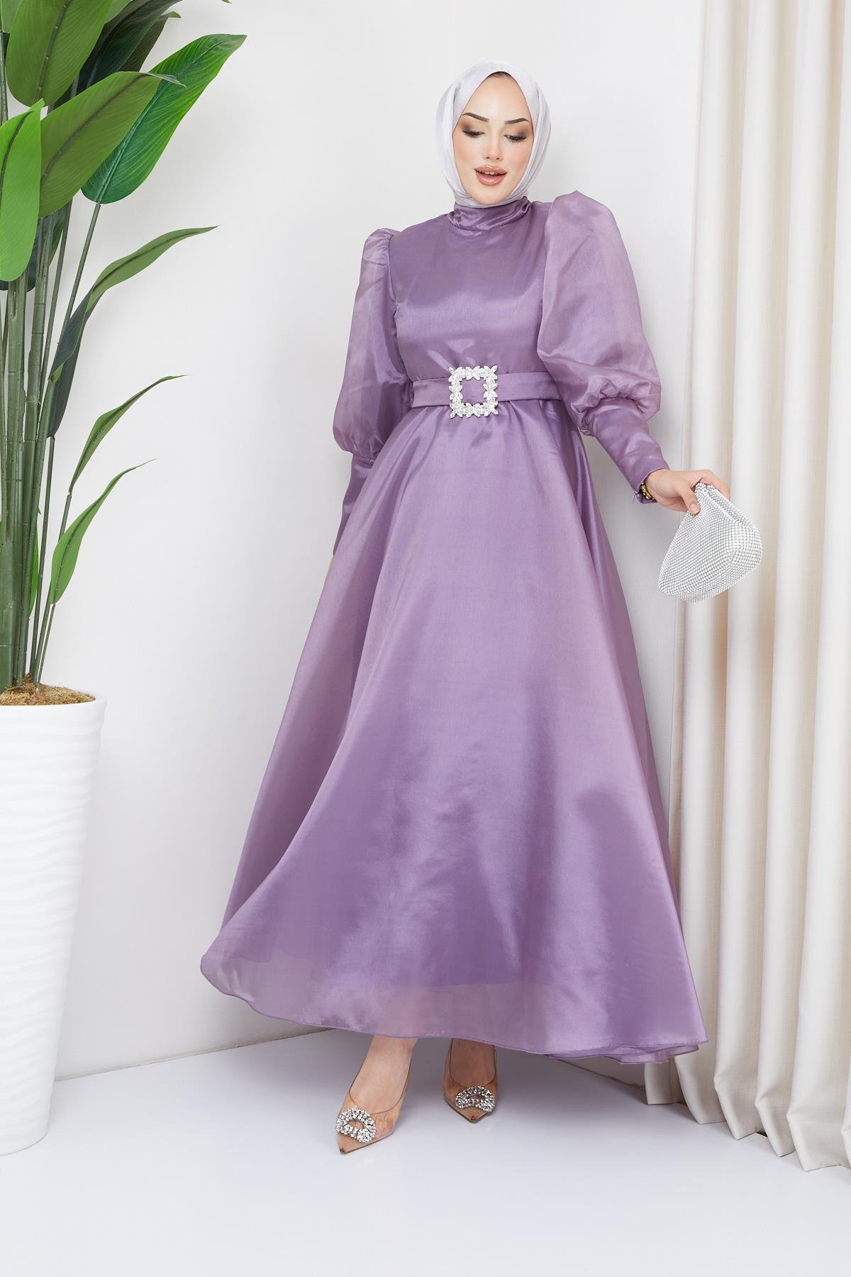 Tesettür Balon Kollu Organze Abiye LilaHM2003-1