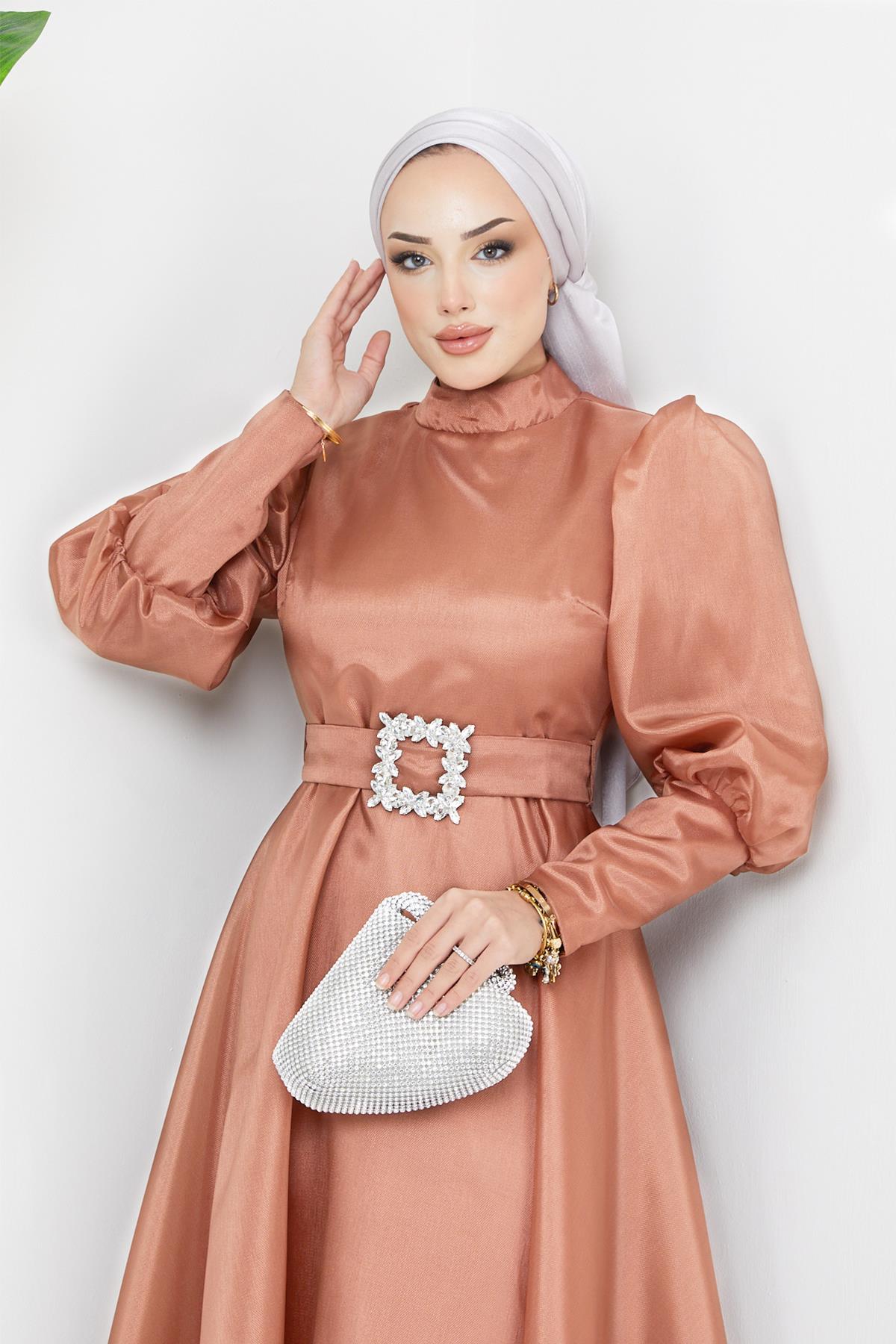 Tesettür Balon Kollu Organze Abiye TarçınHM2003-1