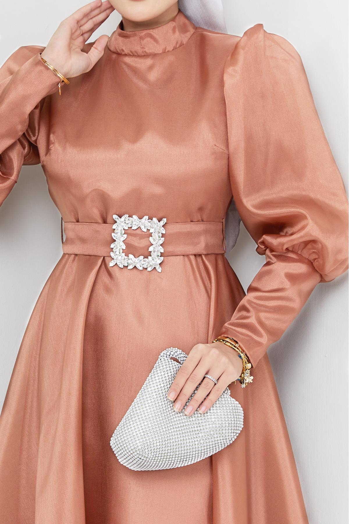 Tesettür Balon Kollu Organze Abiye TarçınHM2003-1