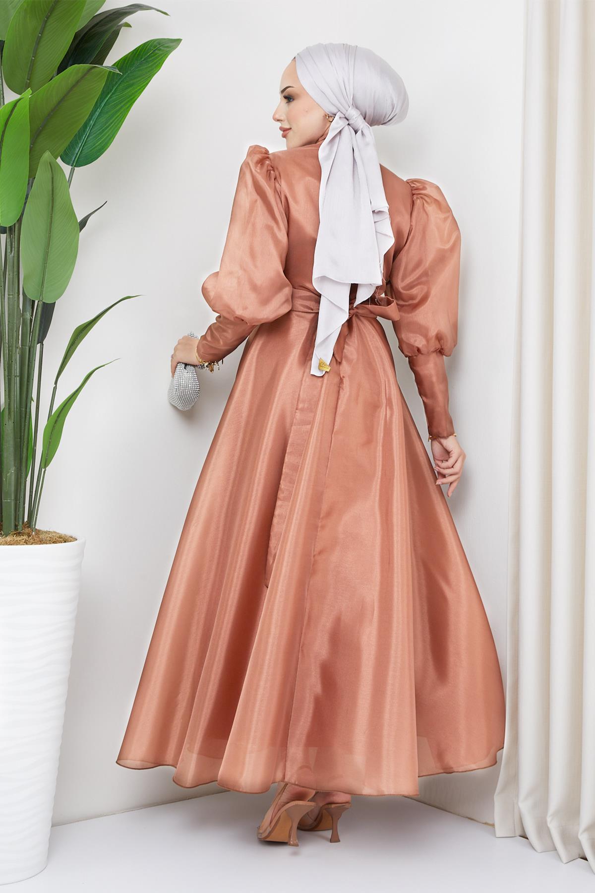 Tesettür Balon Kollu Organze Abiye TarçınHM2003-1