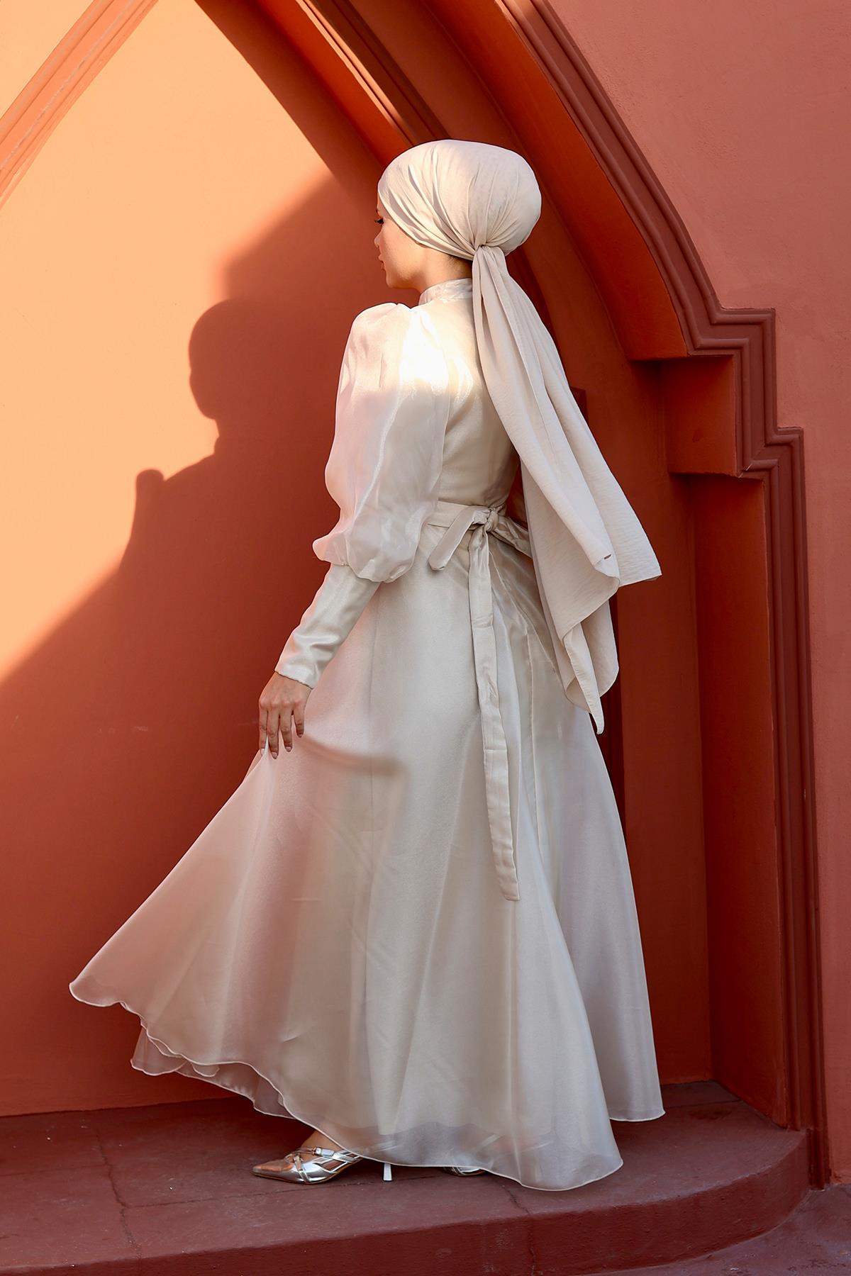 Tesettür Balon Kollu Organze Abiye Taş RengiHM2003-1