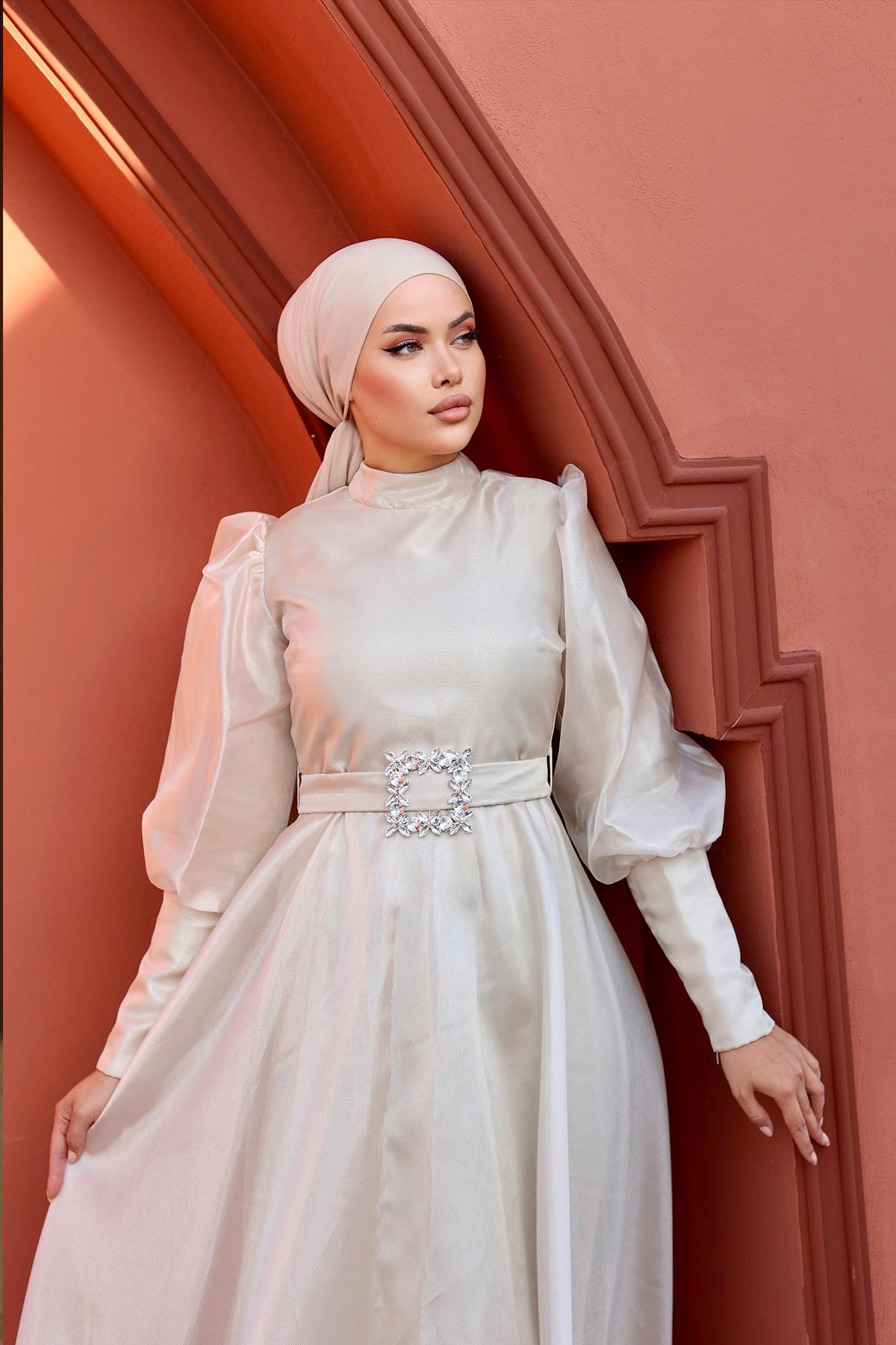 Tesettür Balon Kollu Organze Abiye Taş RengiHM2003-1