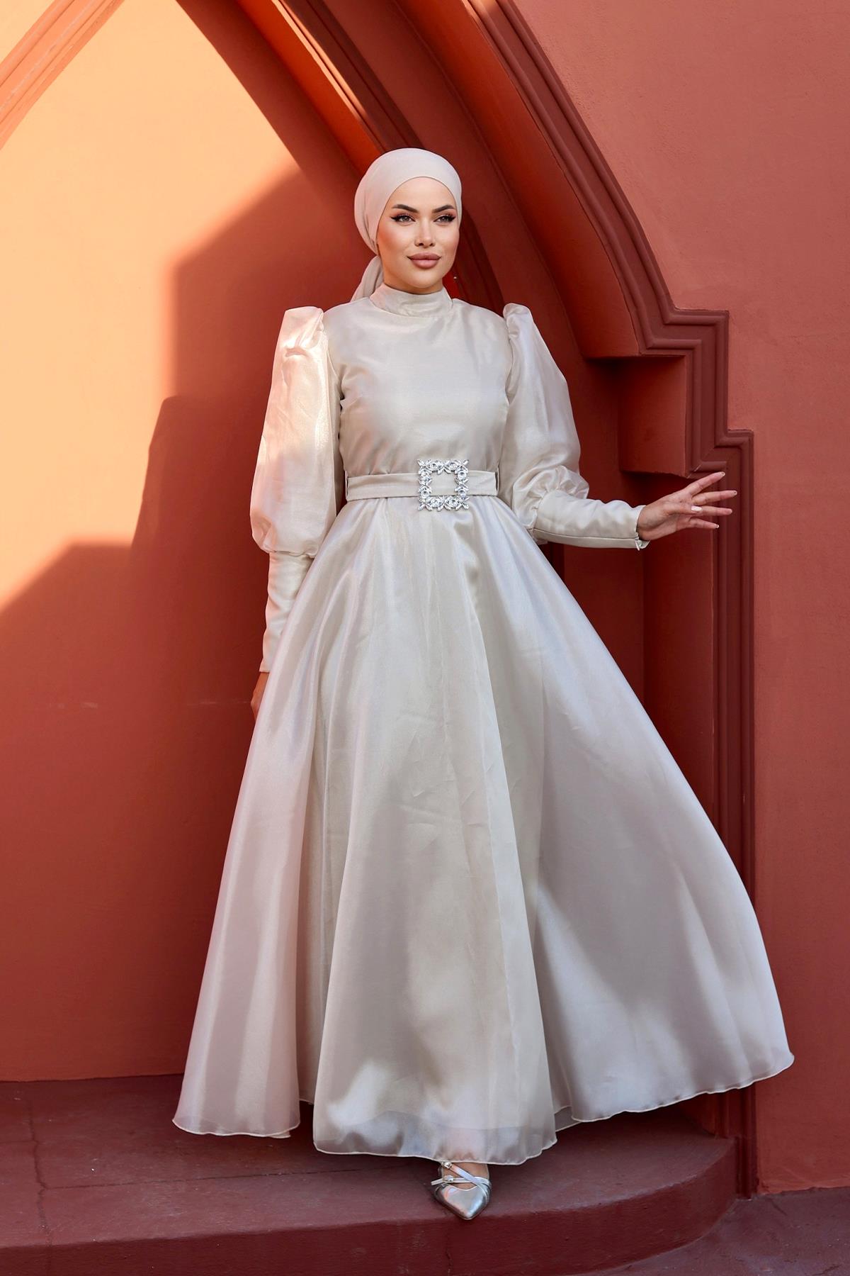 Tesettür Balon Kollu Organze Abiye Taş RengiHM2003-1