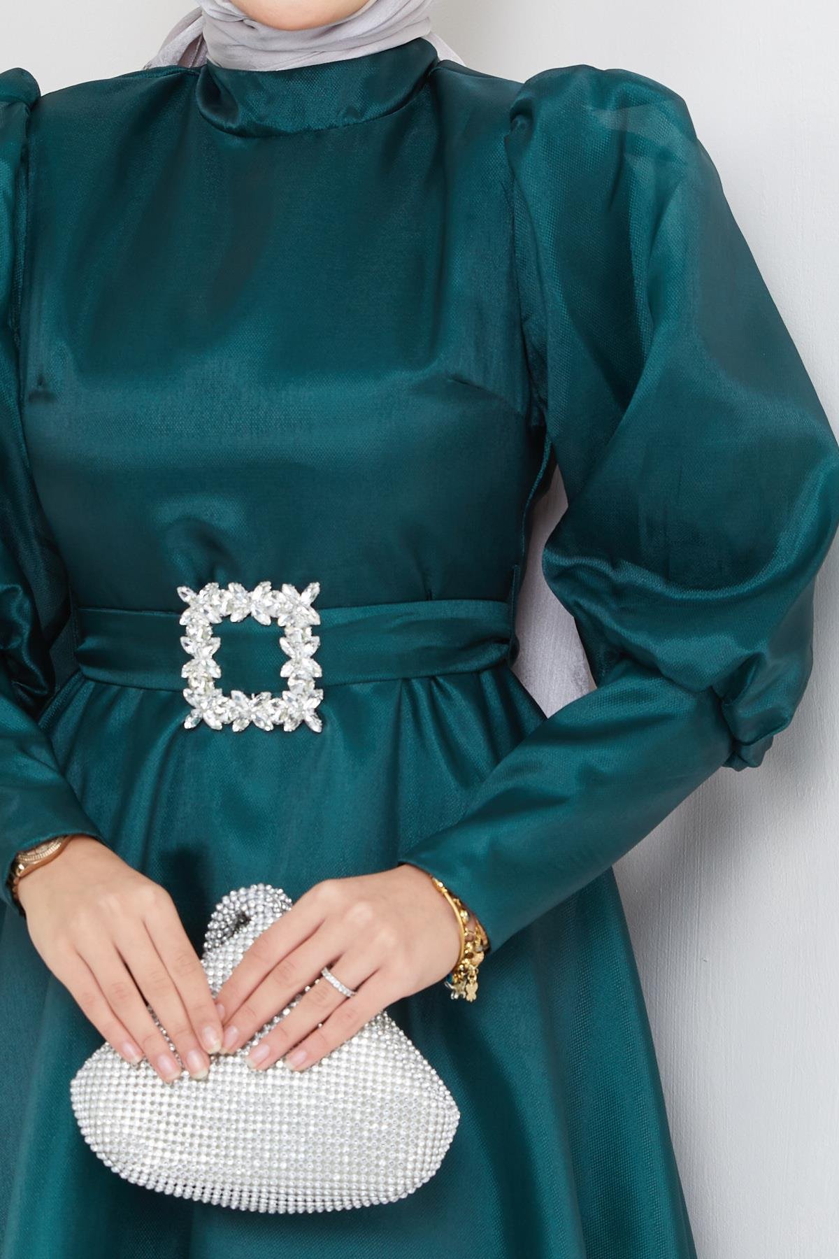 Tesettür Balon Kollu Organze Abiye Zümrüt YeşiliHM2003-1