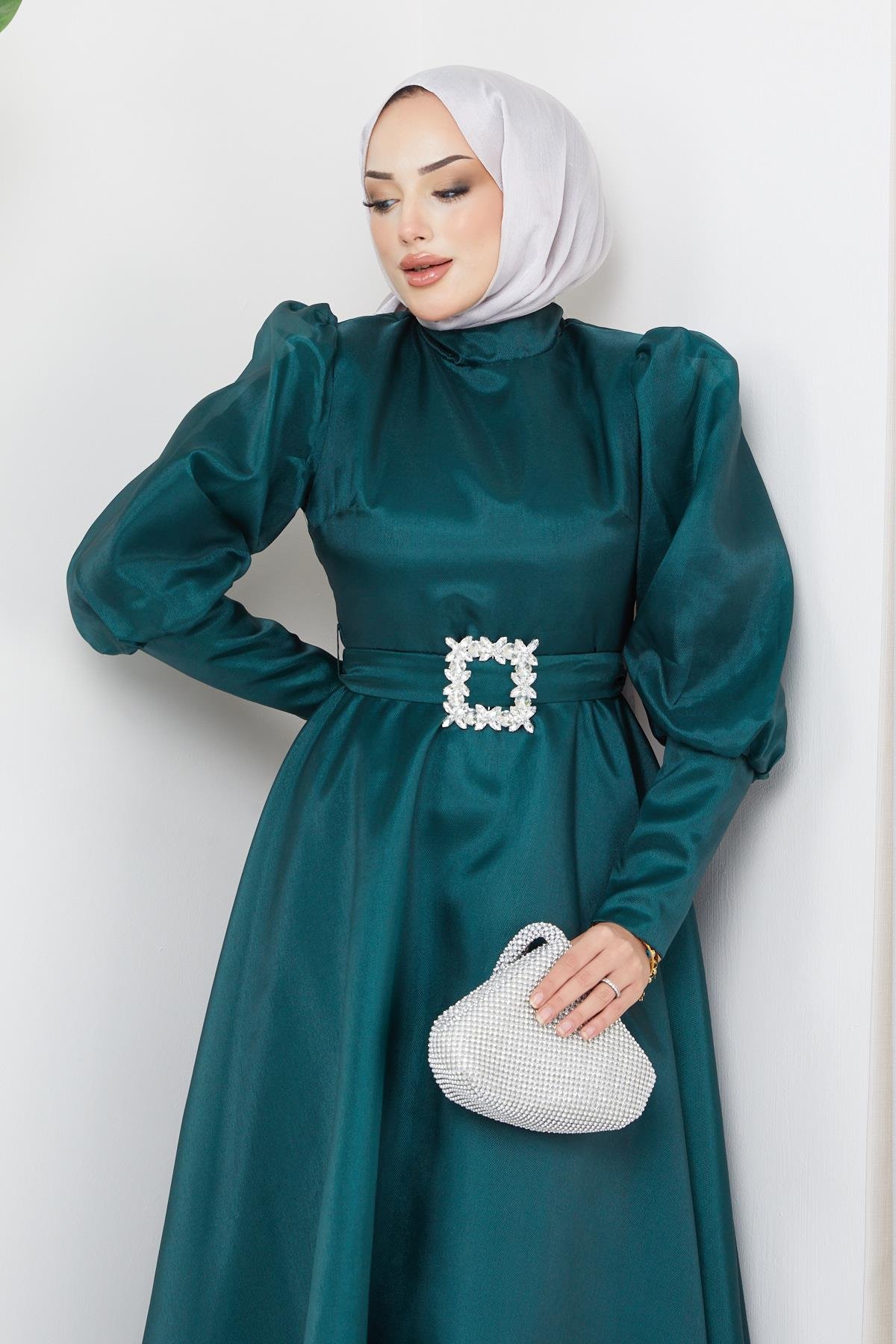 Tesettür Balon Kollu Organze Abiye Zümrüt YeşiliHM2003-1