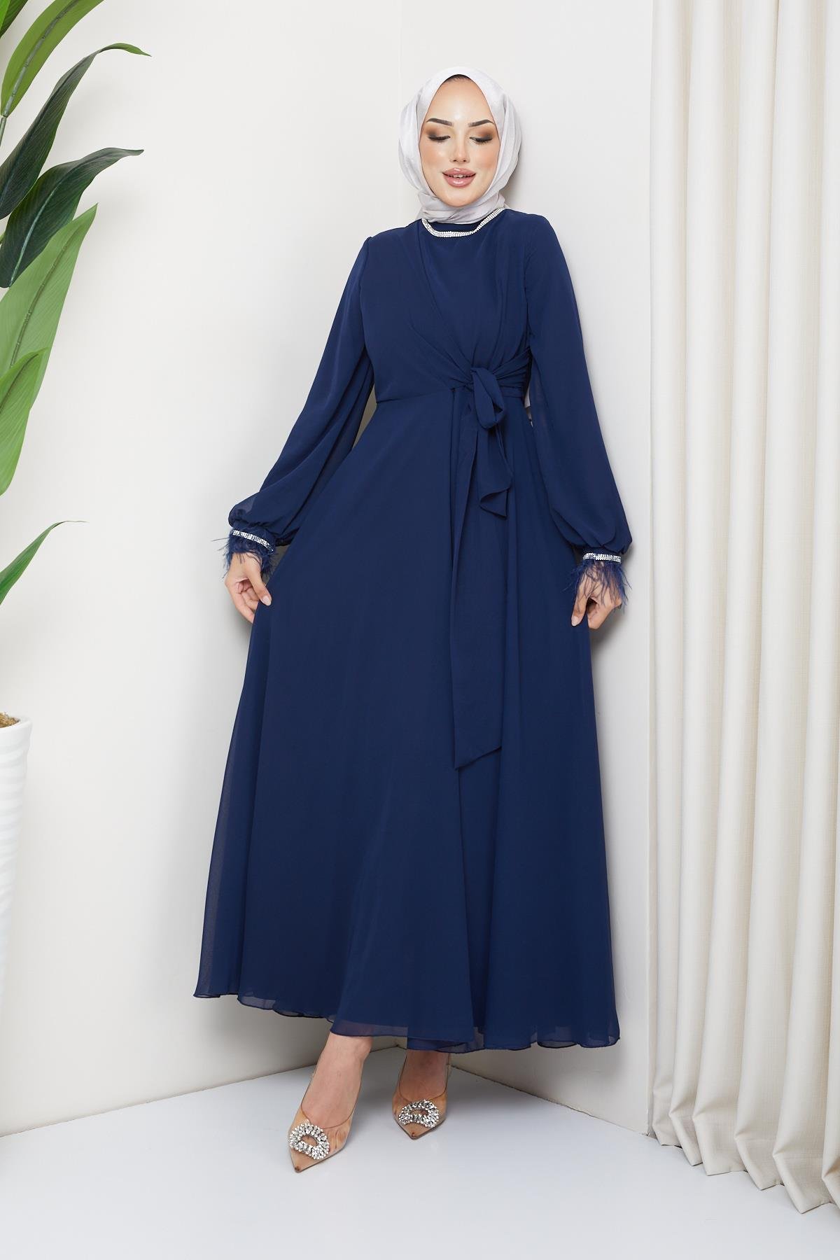 Tesettür Belden Bağlamalı, Taş Detaylı Şifon Abiye LacivertHM5020