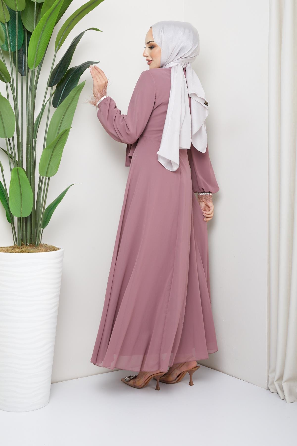 Tesettür Belden Bağlamalı, Taş Detaylı Şifon Abiye Gül KurusuHM5020