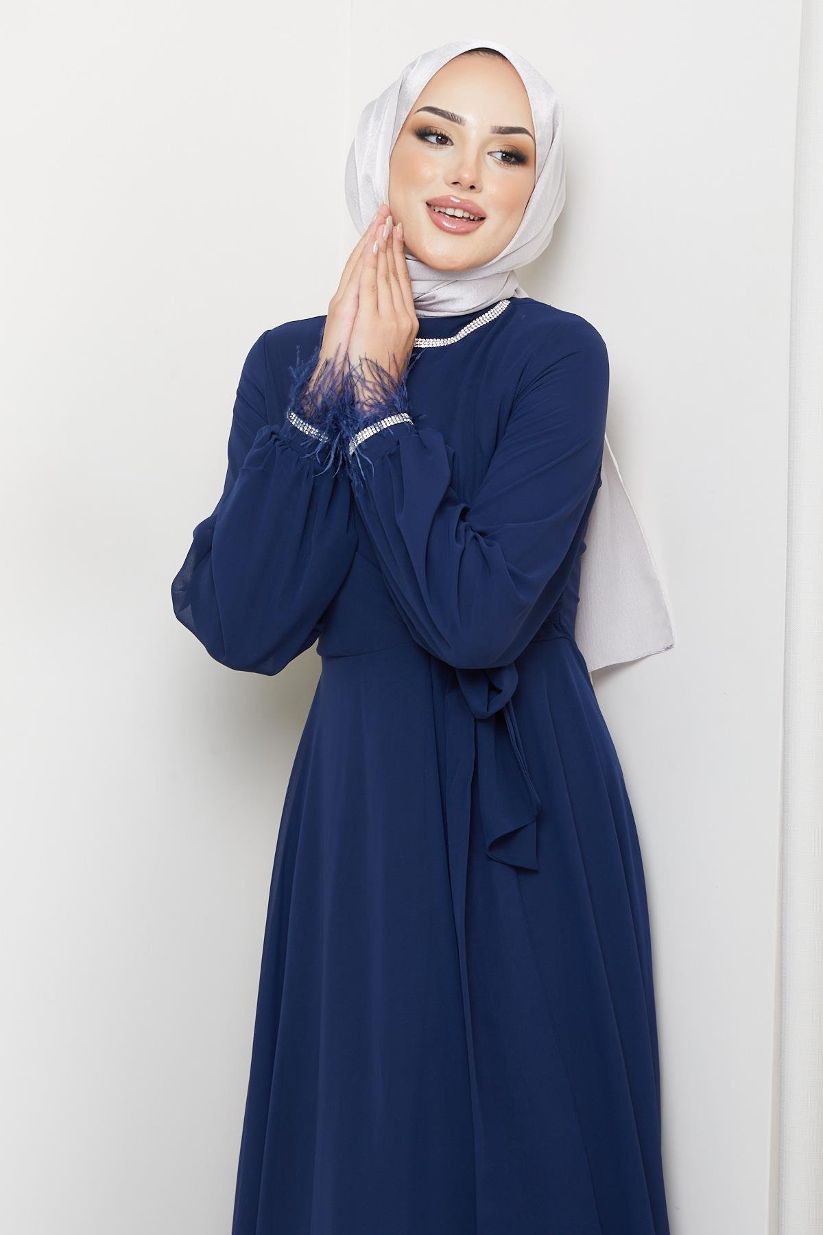 Tesettür Belden Bağlamalı, Taş Detaylı Şifon Abiye LacivertHM5020
