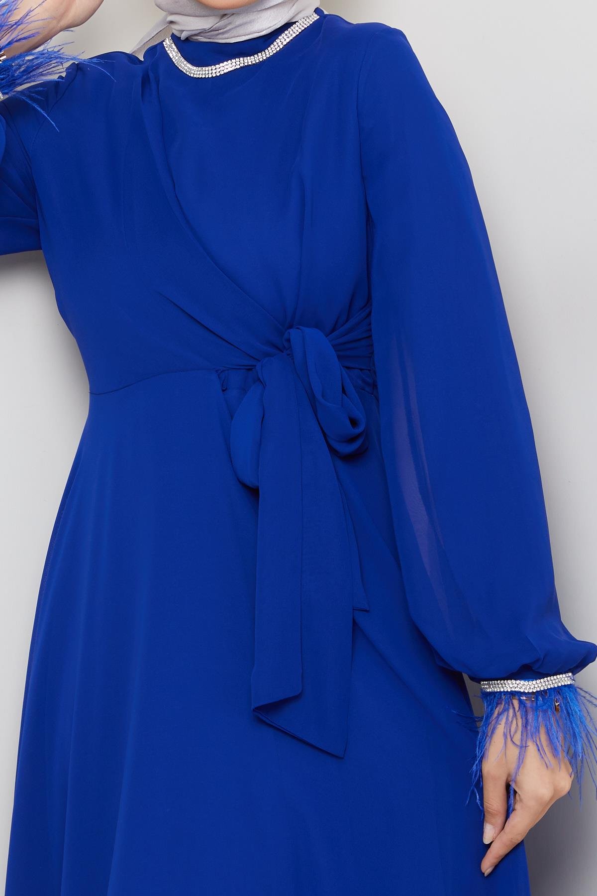 Tesettür Belden Bağlamalı, Taş Detaylı Şifon Abiye Saks MavisiHM5020