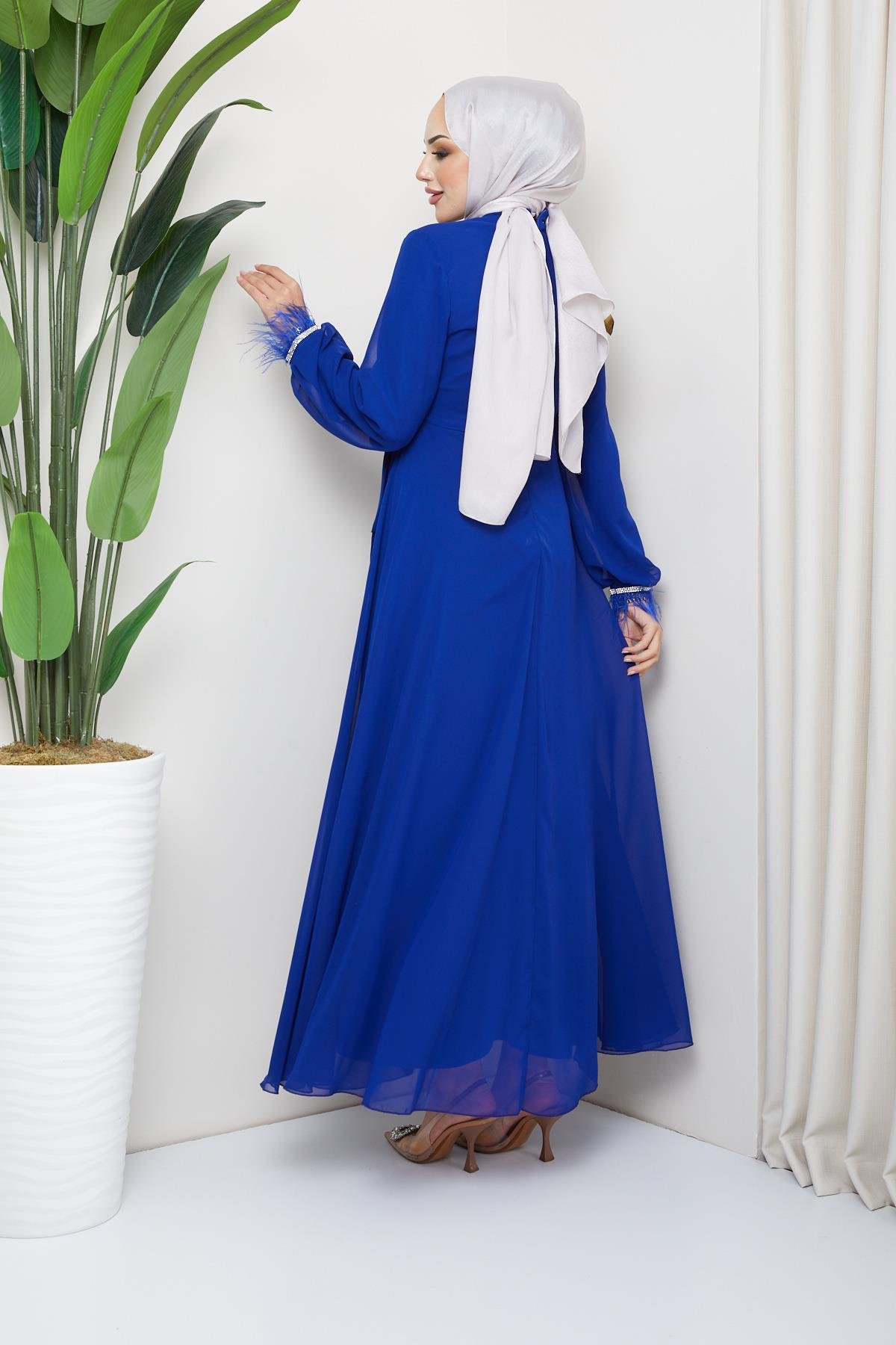 Tesettür Belden Bağlamalı, Taş Detaylı Şifon Abiye Saks MavisiHM5020