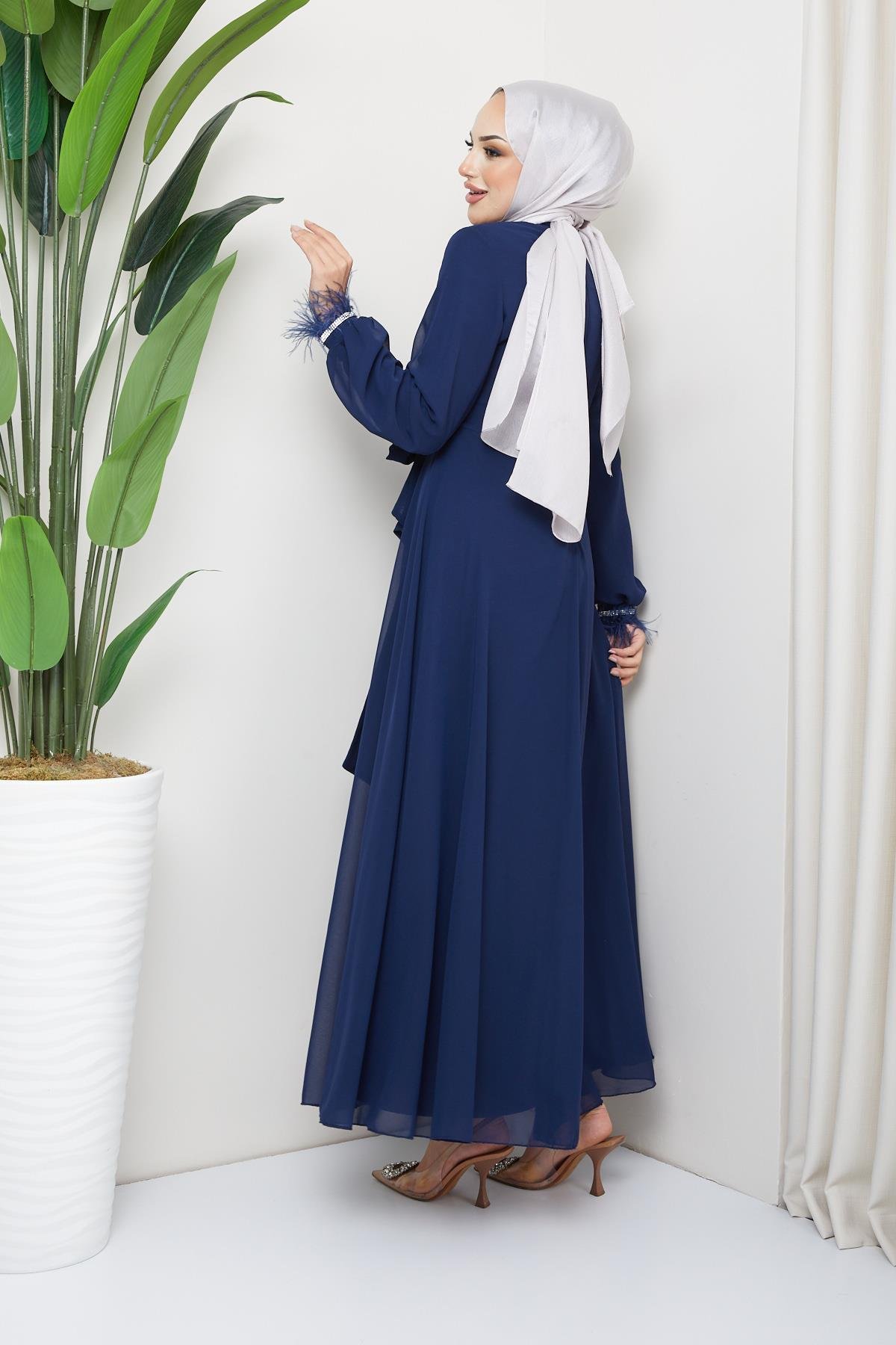 Tesettür Belden Bağlamalı, Taş Detaylı Şifon Abiye LacivertHM5020