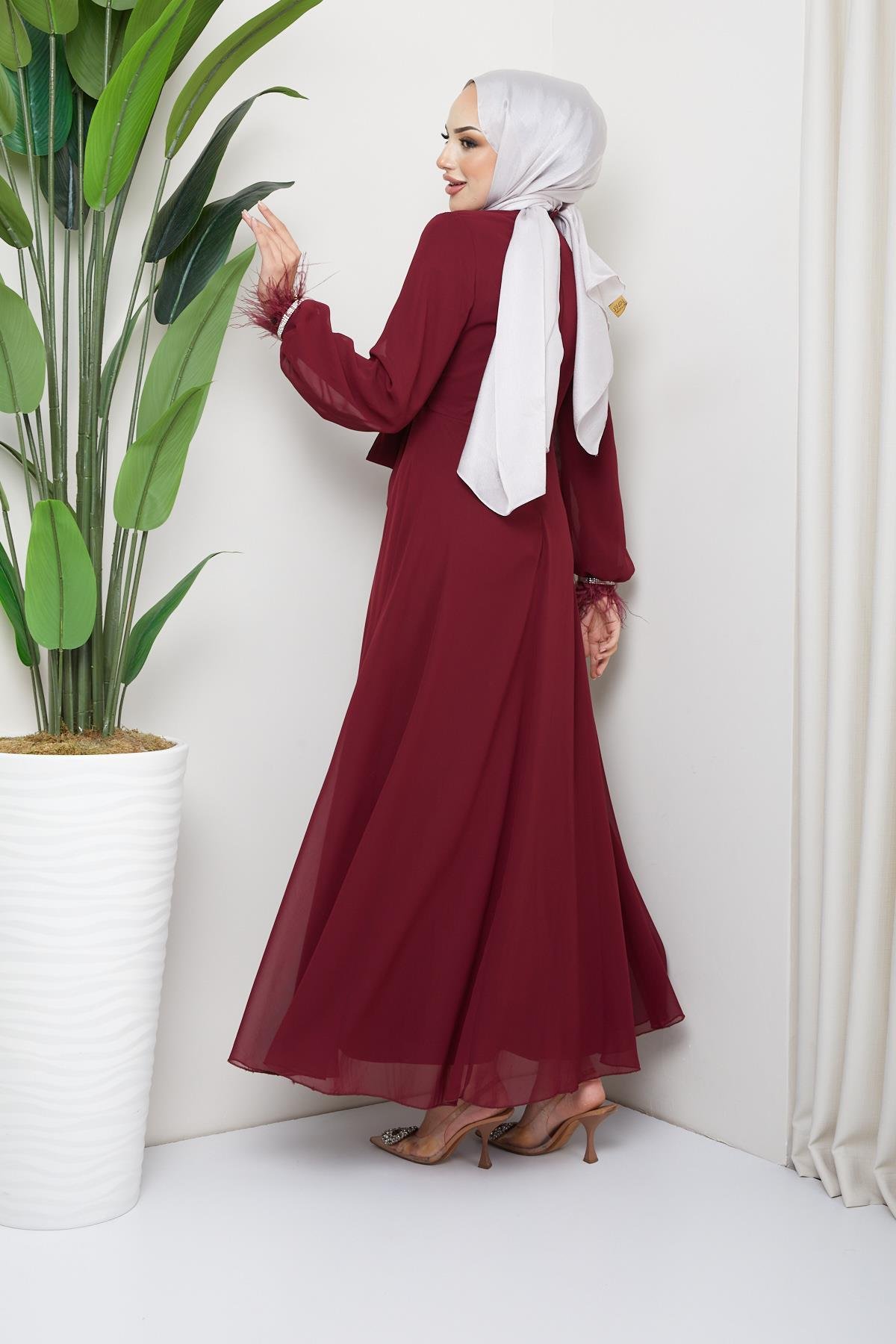Tesettür Belden Bağlamalı, Taş Detaylı Şifon Abiye BordoHM5020