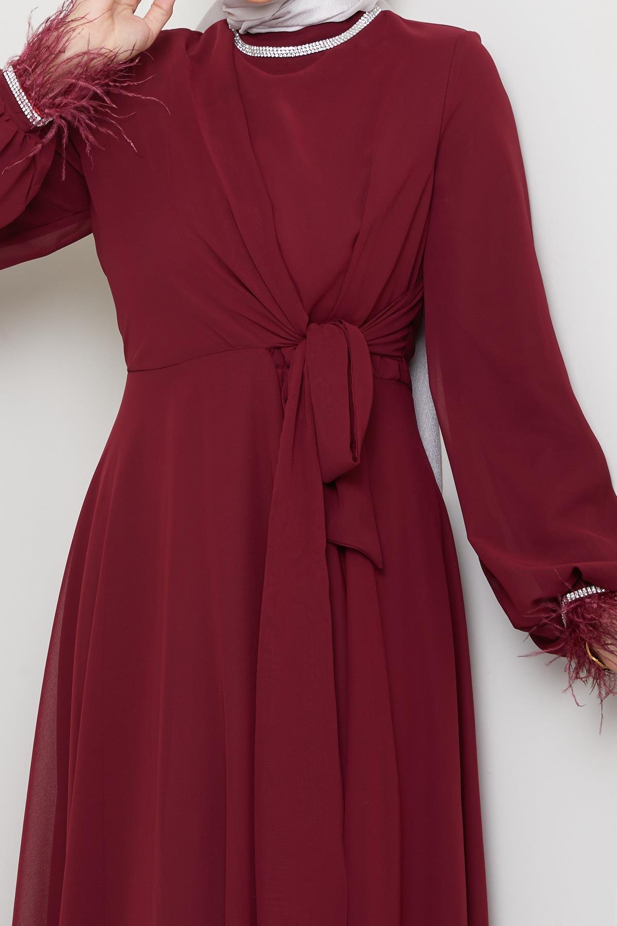 Tesettür Belden Bağlamalı, Taş Detaylı Şifon Abiye BordoHM5020
