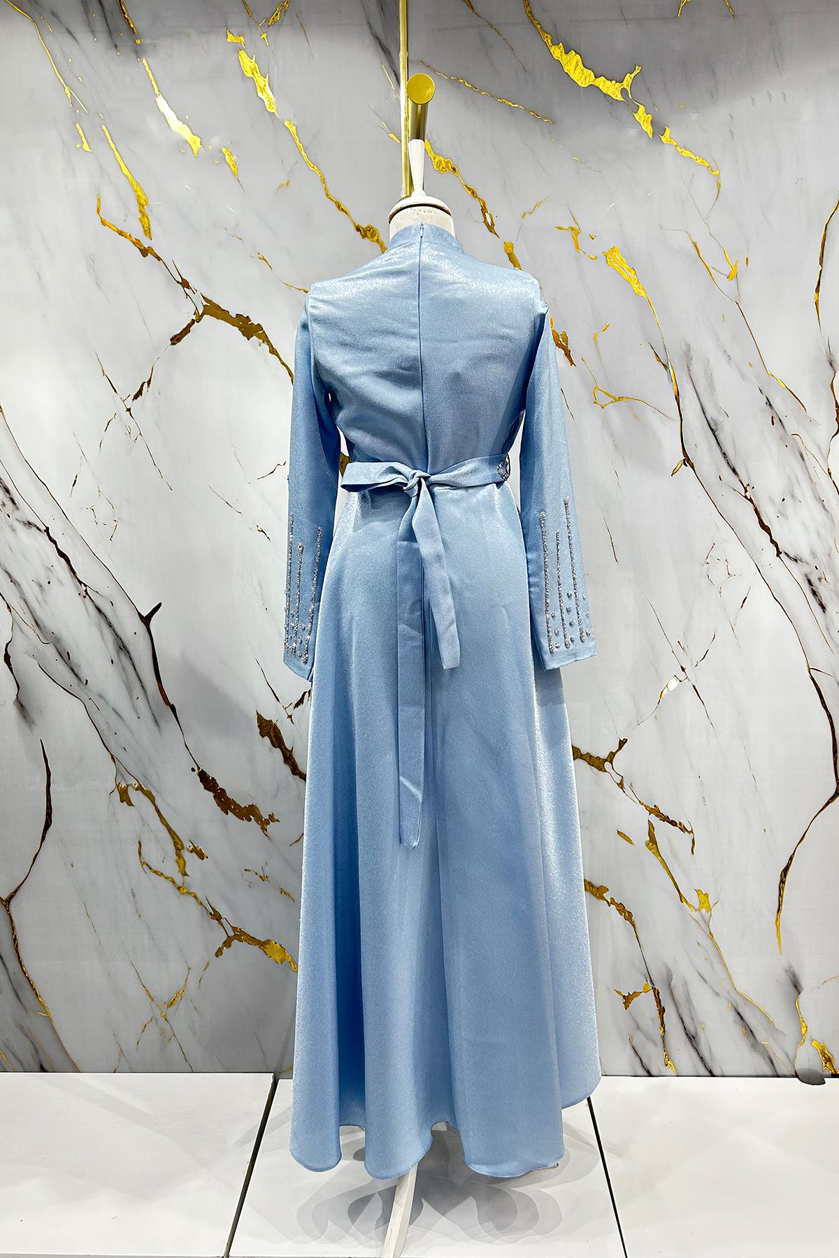 Tesettür Belfin Krep Saten Abiye Açık MaviLP6116