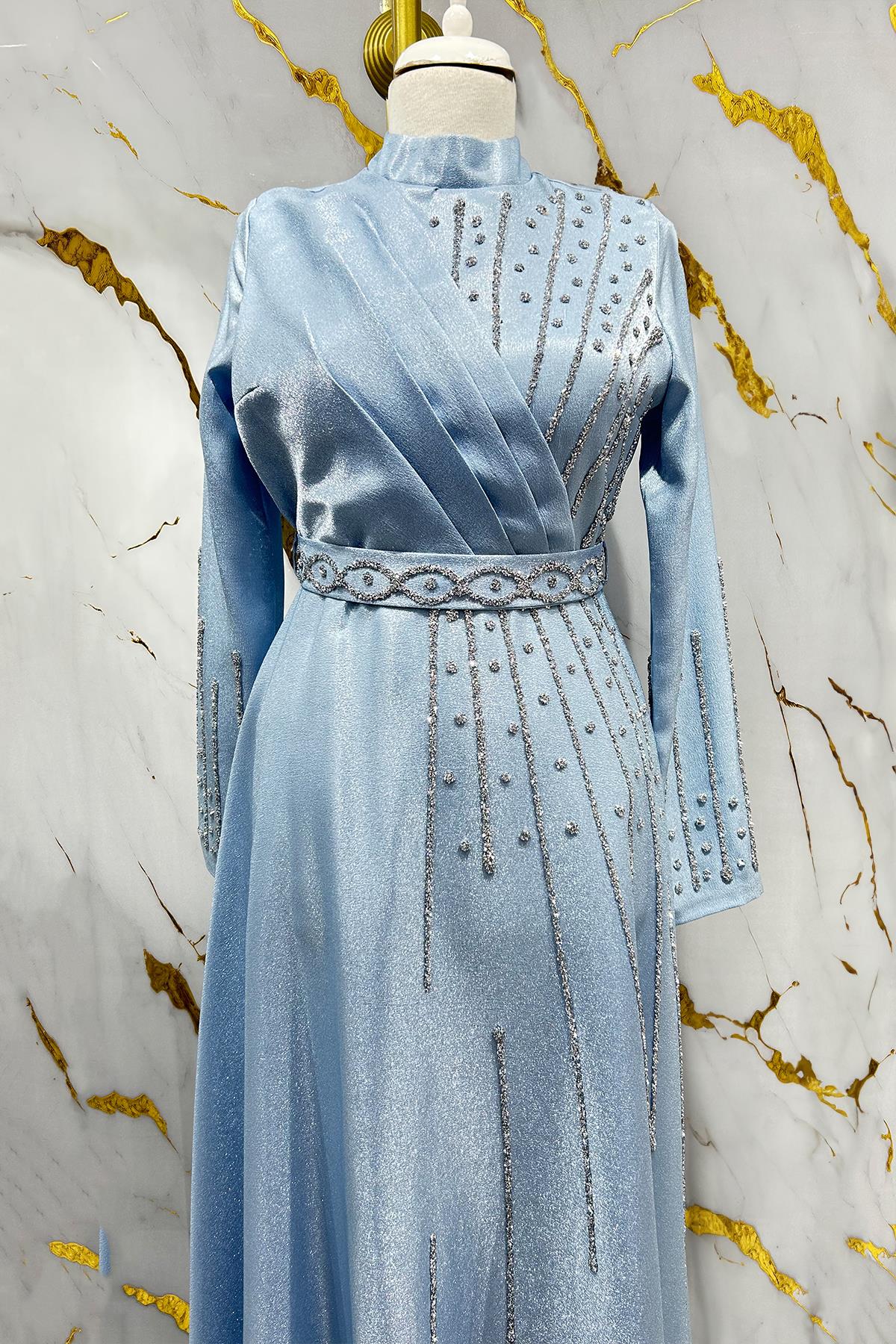 Tesettür Belfin Krep Saten Abiye Açık MaviLP6116