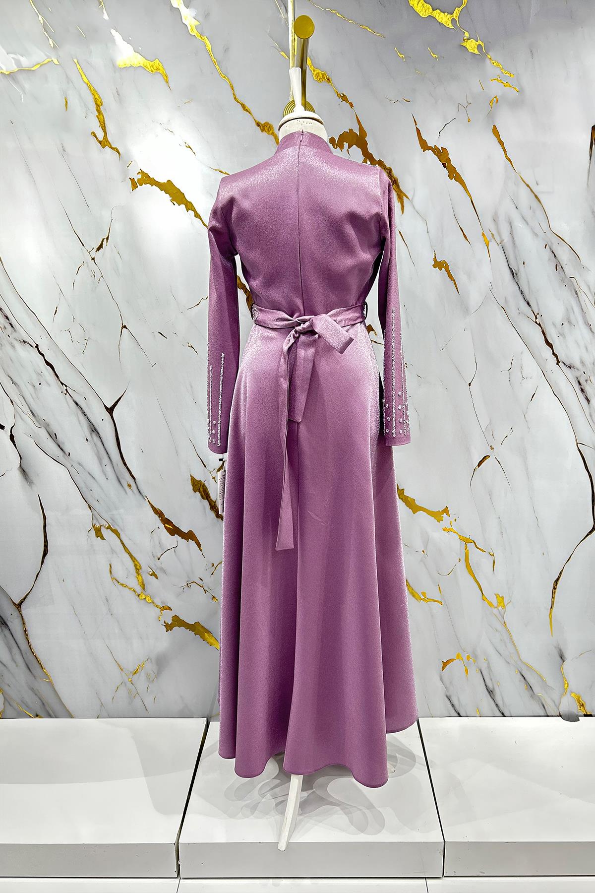 Tesettür Belfin Krep Saten Abiye LilaLP6116