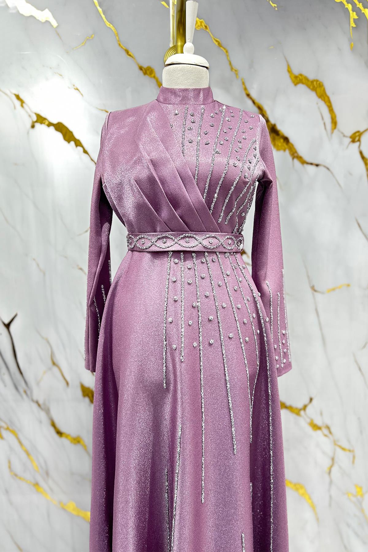 Tesettür Belfin Krep Saten Abiye LilaLP6116