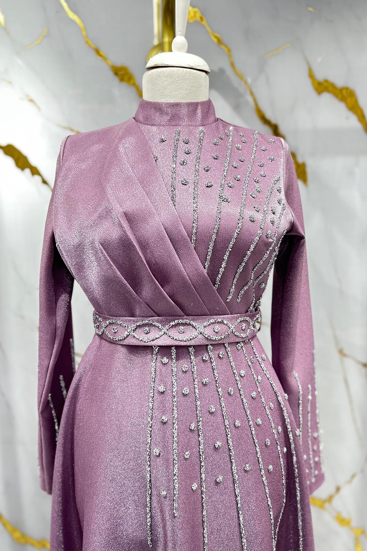 Tesettür Belfin Krep Saten Abiye LilaLP6116