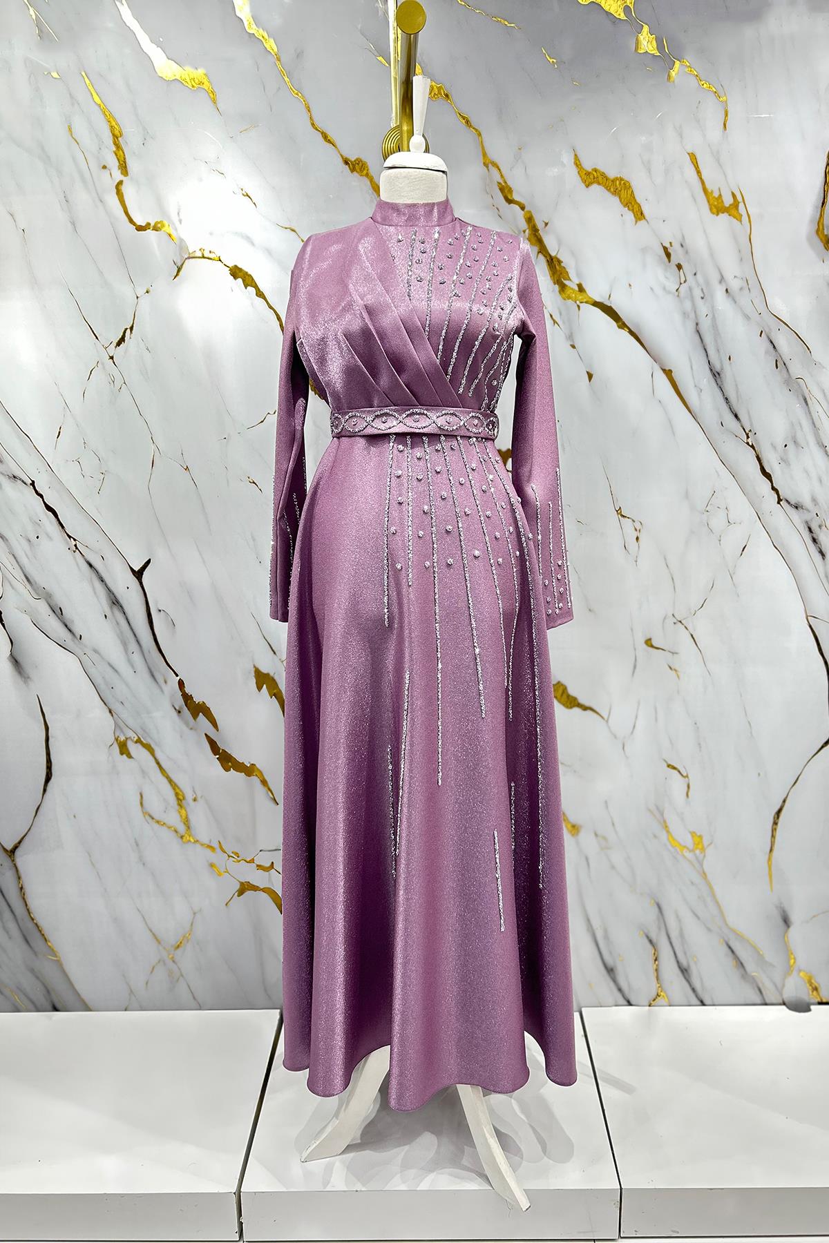 Tesettür Belfin Krep Saten Abiye LilaLP6116