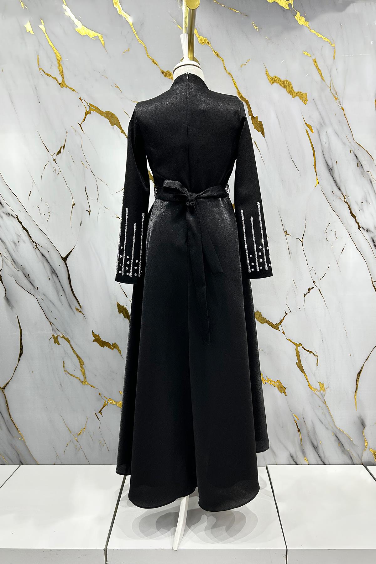 Tesettür Belfin Krep Saten Abiye SiyahLP6116