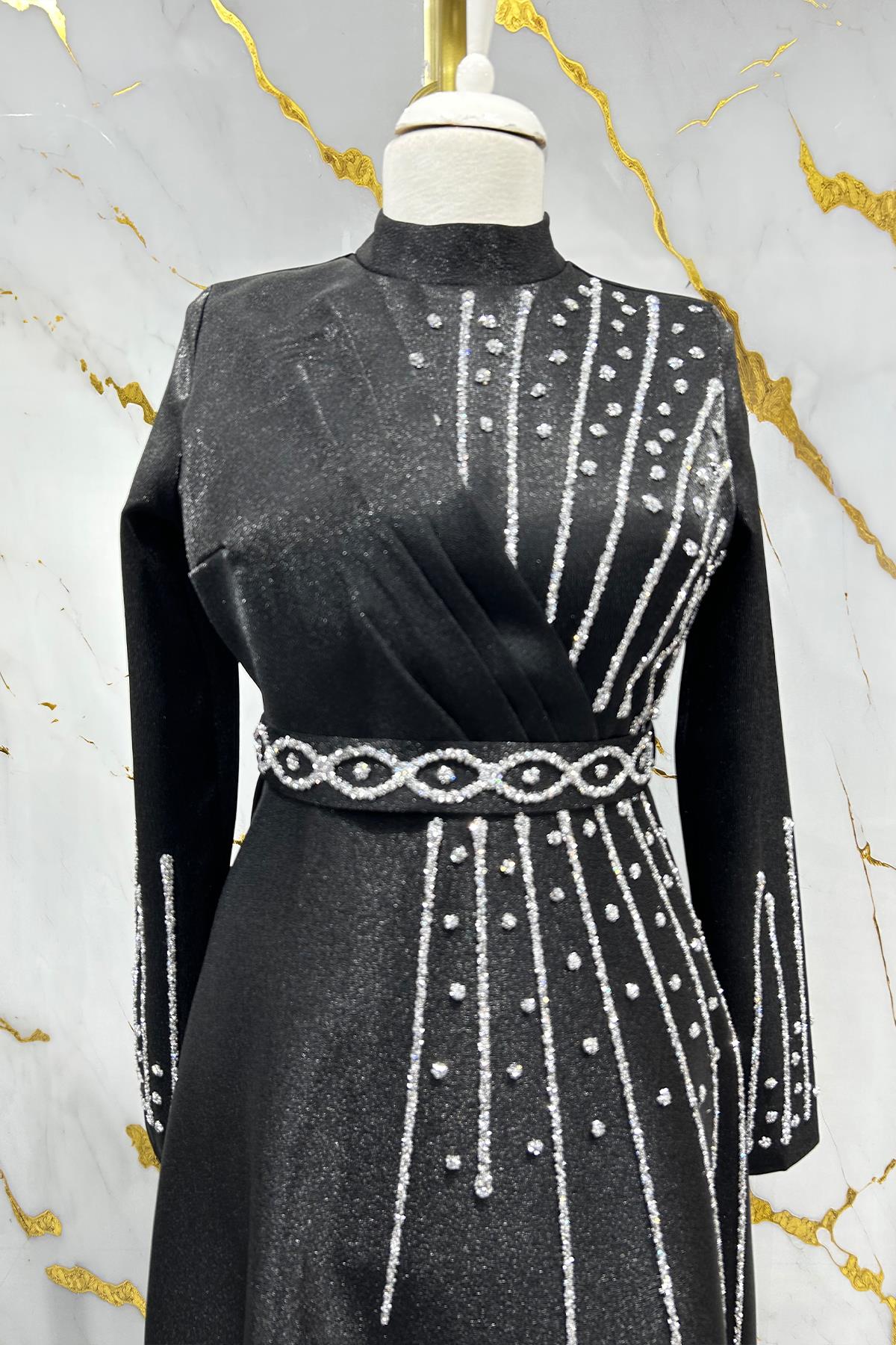 Tesettür Belfin Krep Saten Abiye SiyahLP6116