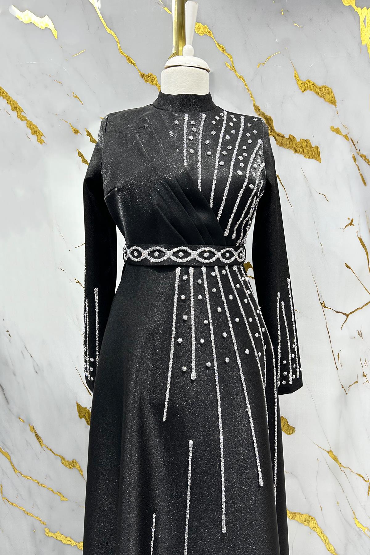 Tesettür Belfin Krep Saten Abiye SiyahLP6116