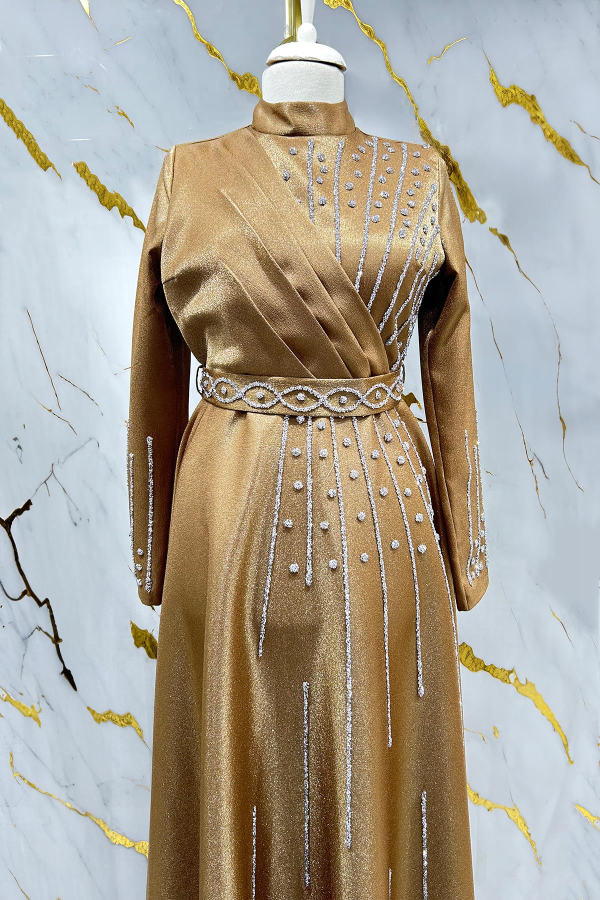 Tesettür Belfin Krep Saten Abiye TabaLP6116