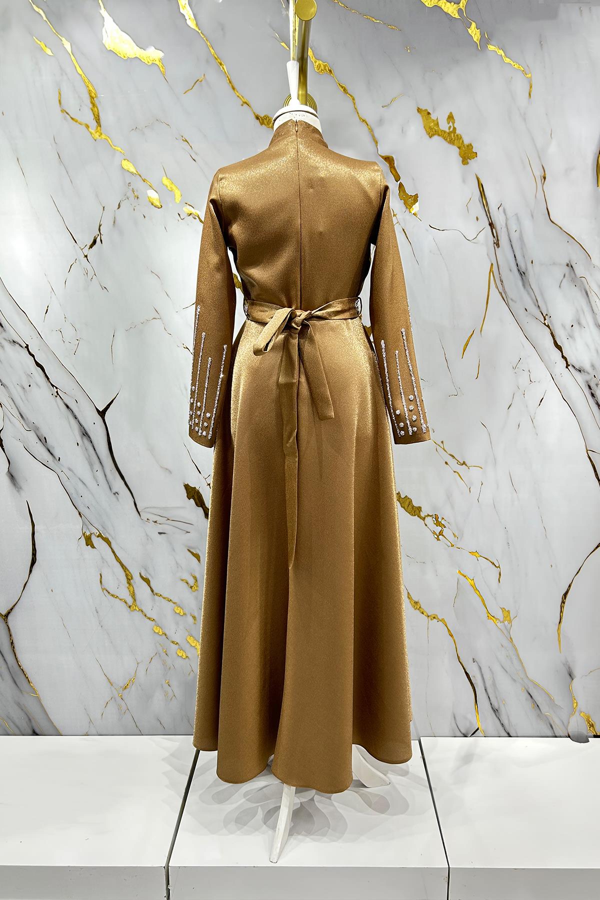 Tesettür Belfin Krep Saten Abiye TabaLP6116