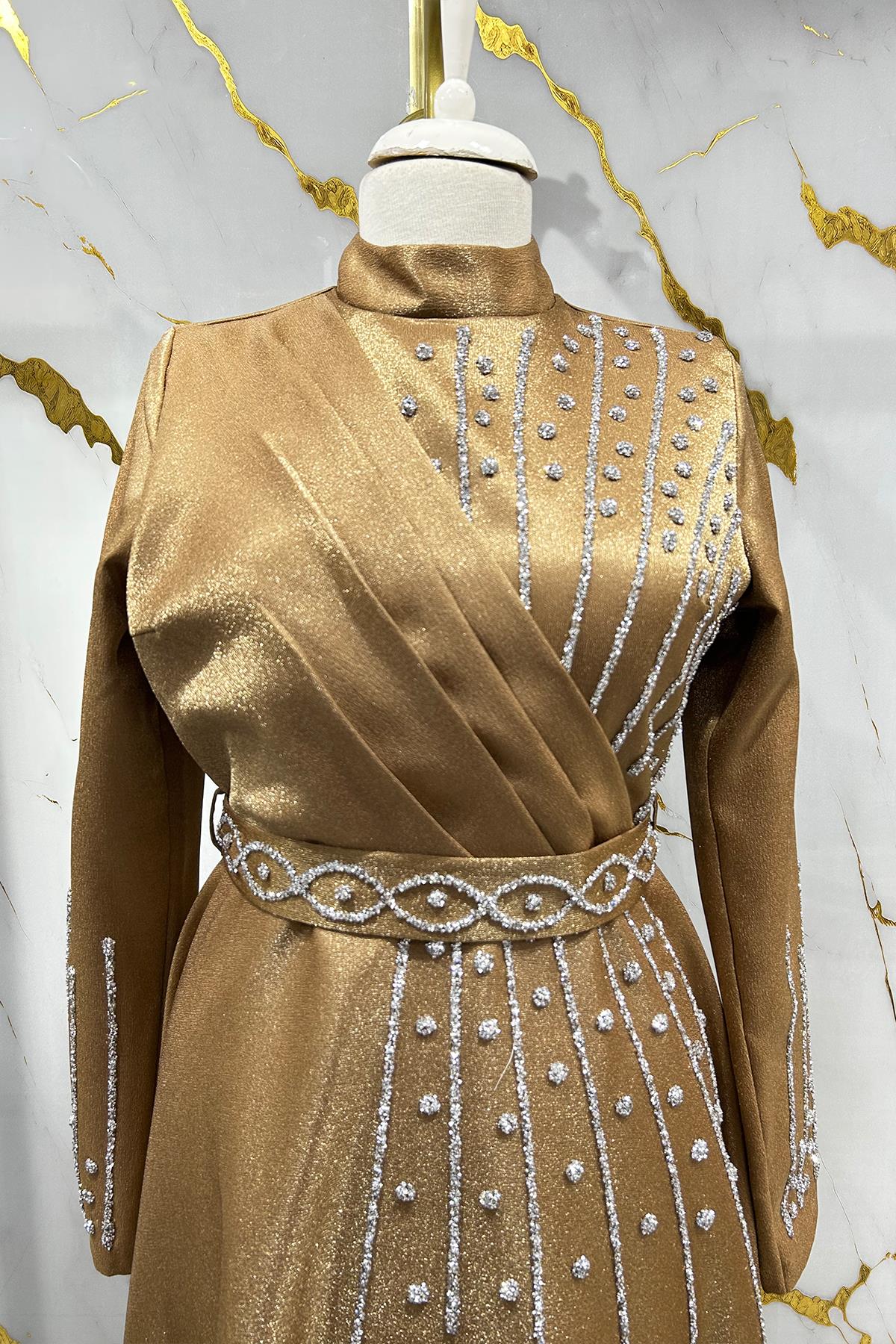 Tesettür Belfin Krep Saten Abiye TabaLP6116