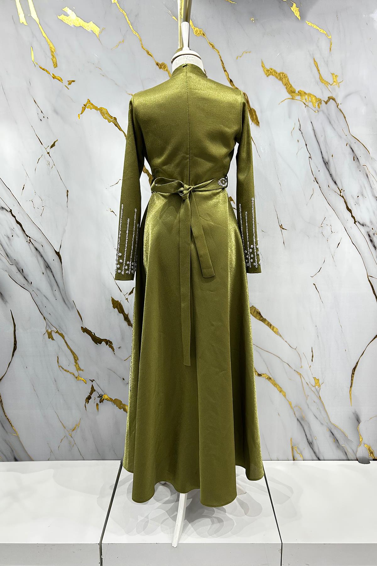 Tesettür Belfin Krep Saten Abiye Zeytin YeşiliLP6116