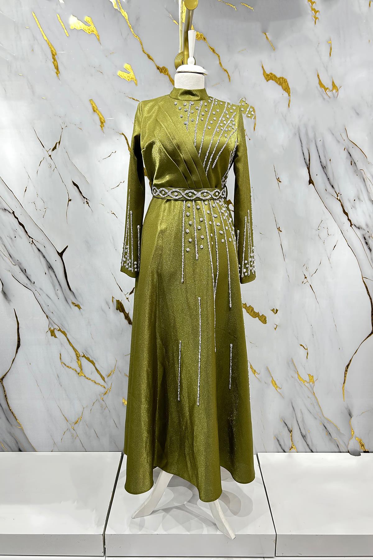 Tesettür Belfin Krep Saten Abiye Zeytin YeşiliLP6116