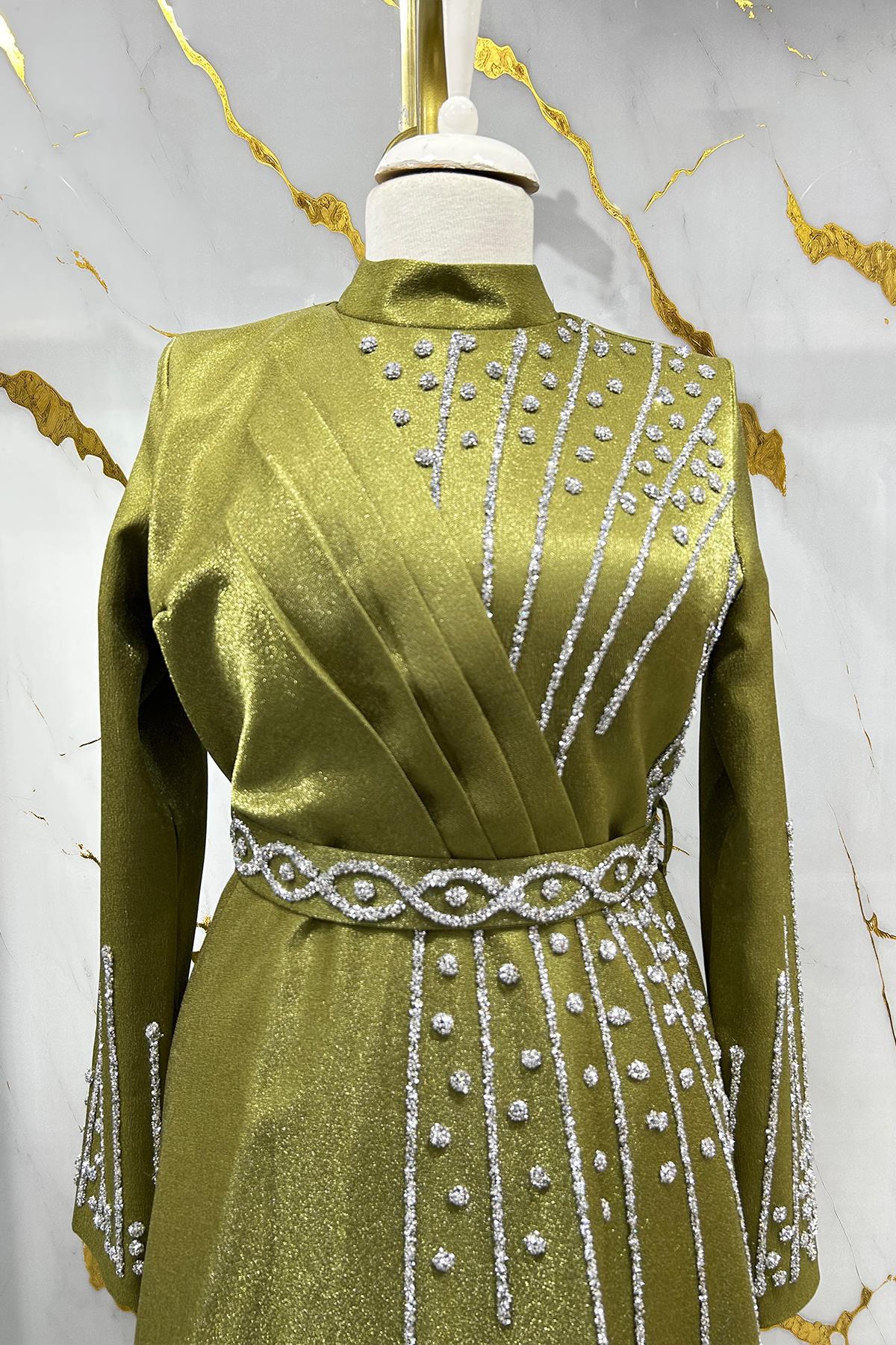 Tesettür Belfin Krep Saten Abiye Zeytin YeşiliLP6116