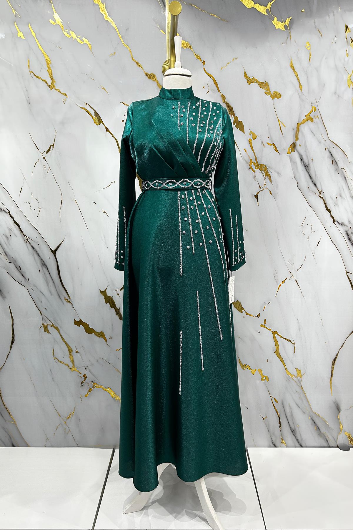 Tesettür Belfin Krep Saten Abiye Zümrüt YeşiliLP6116