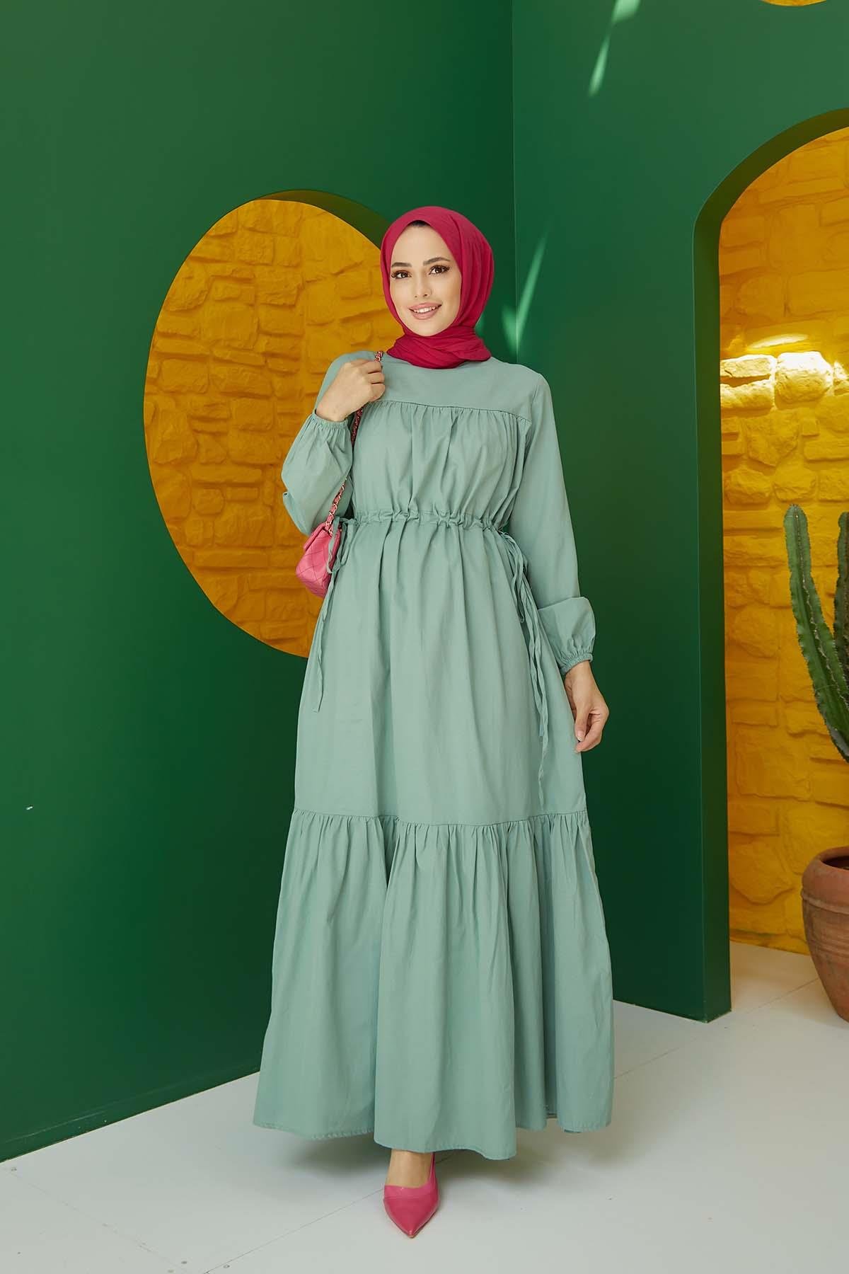Tesettür Beli Bağcıklı Büzgülü Elbise MintHM4022