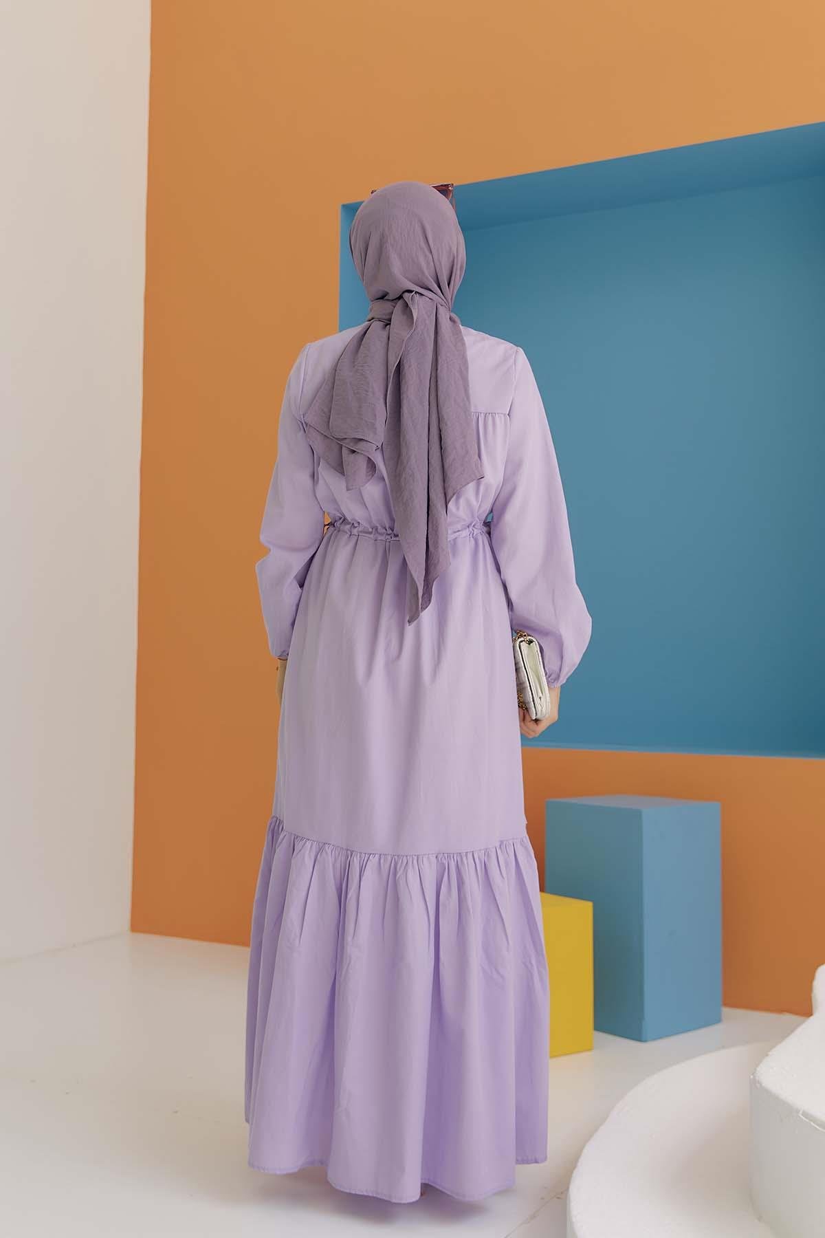 Tesettür Beli Bağcıklı Büzgülü Elbise LilaHM4022